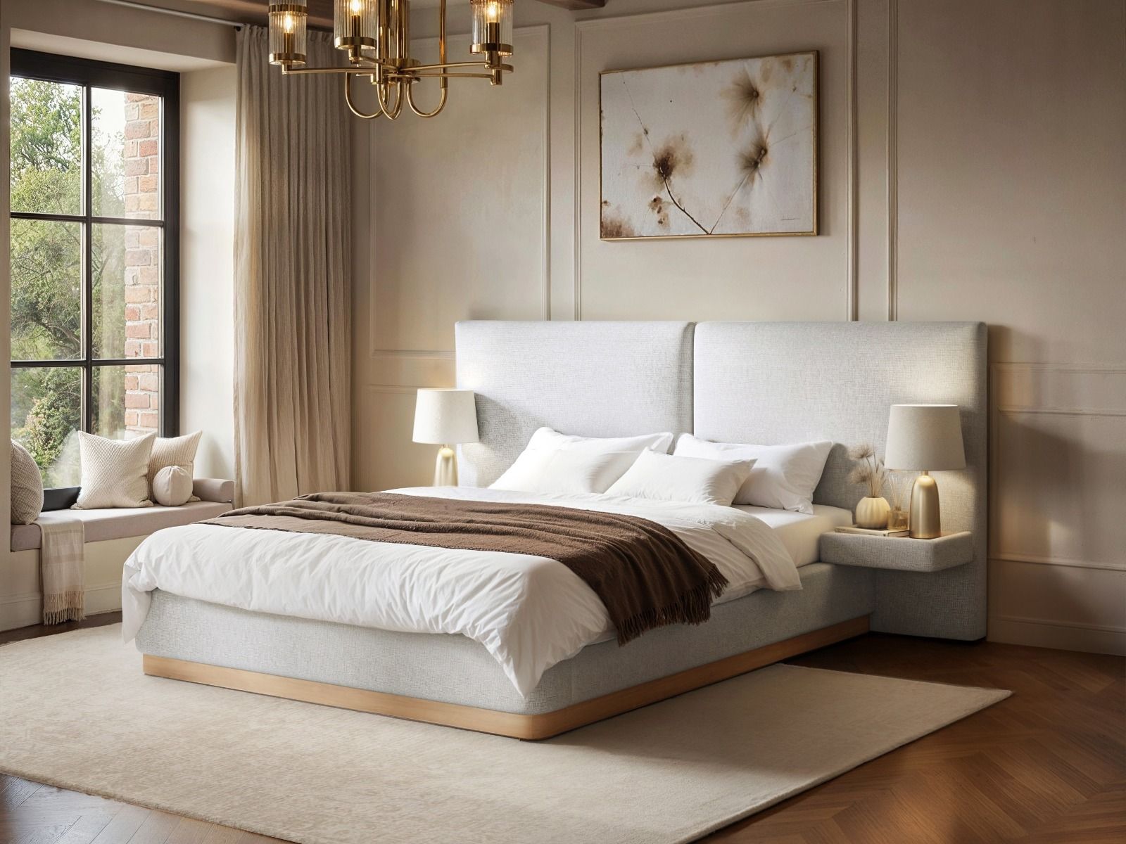 SOLACE+CO Vera Hotel Bed Frame with Integrated Bedside Tables Cream Chenille