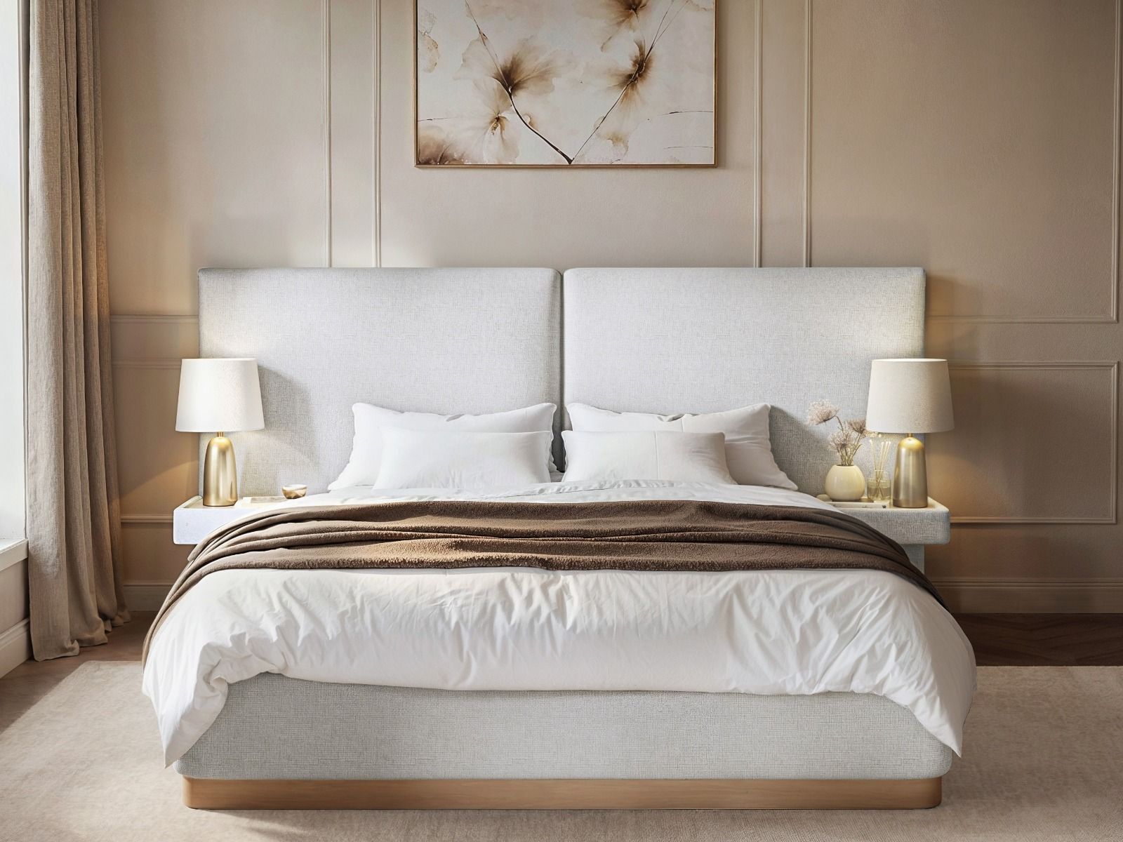 SOLACE+CO Vera Hotel Bed Frame with Integrated Bedside Tables Cream Chenille