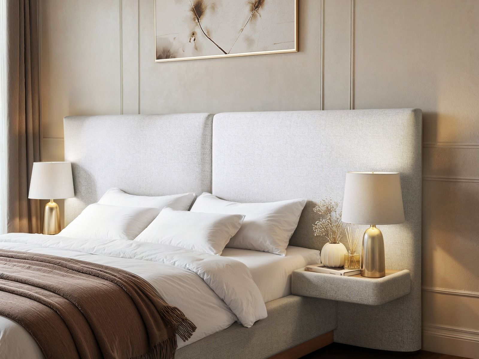 SOLACE+CO Vera Hotel Bed Frame with Integrated Bedside Tables Cream Chenille
