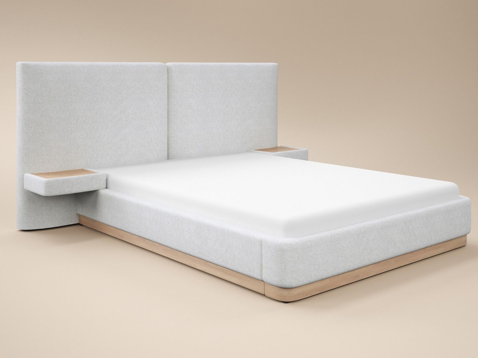 SOLACE+CO Vera Hotel Bed Frame with Integrated Bedside Tables Cream Chenille