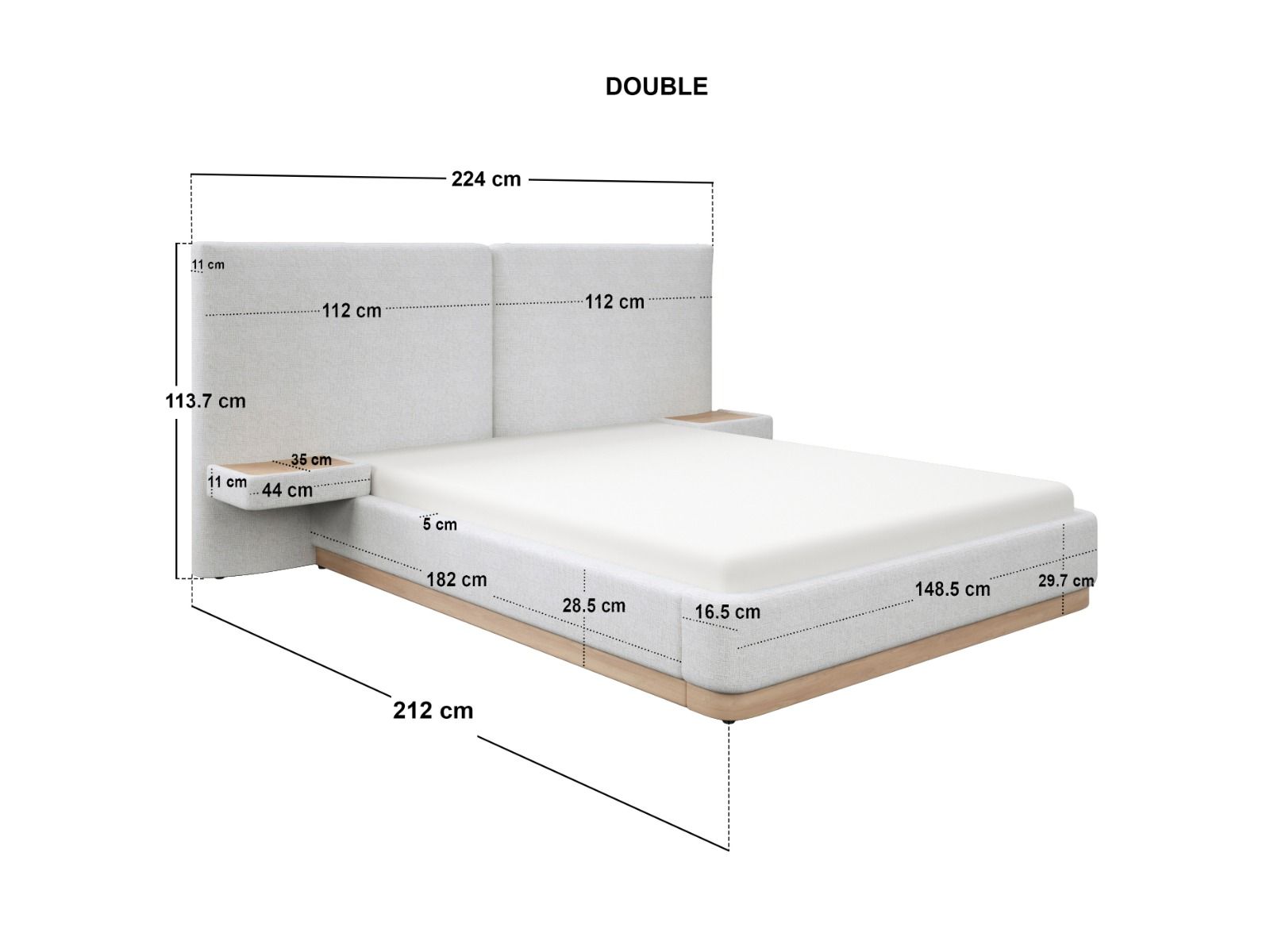 SOLACE+CO Vera Hotel Bed Frame with Integrated Bedside Tables Cream Chenille
