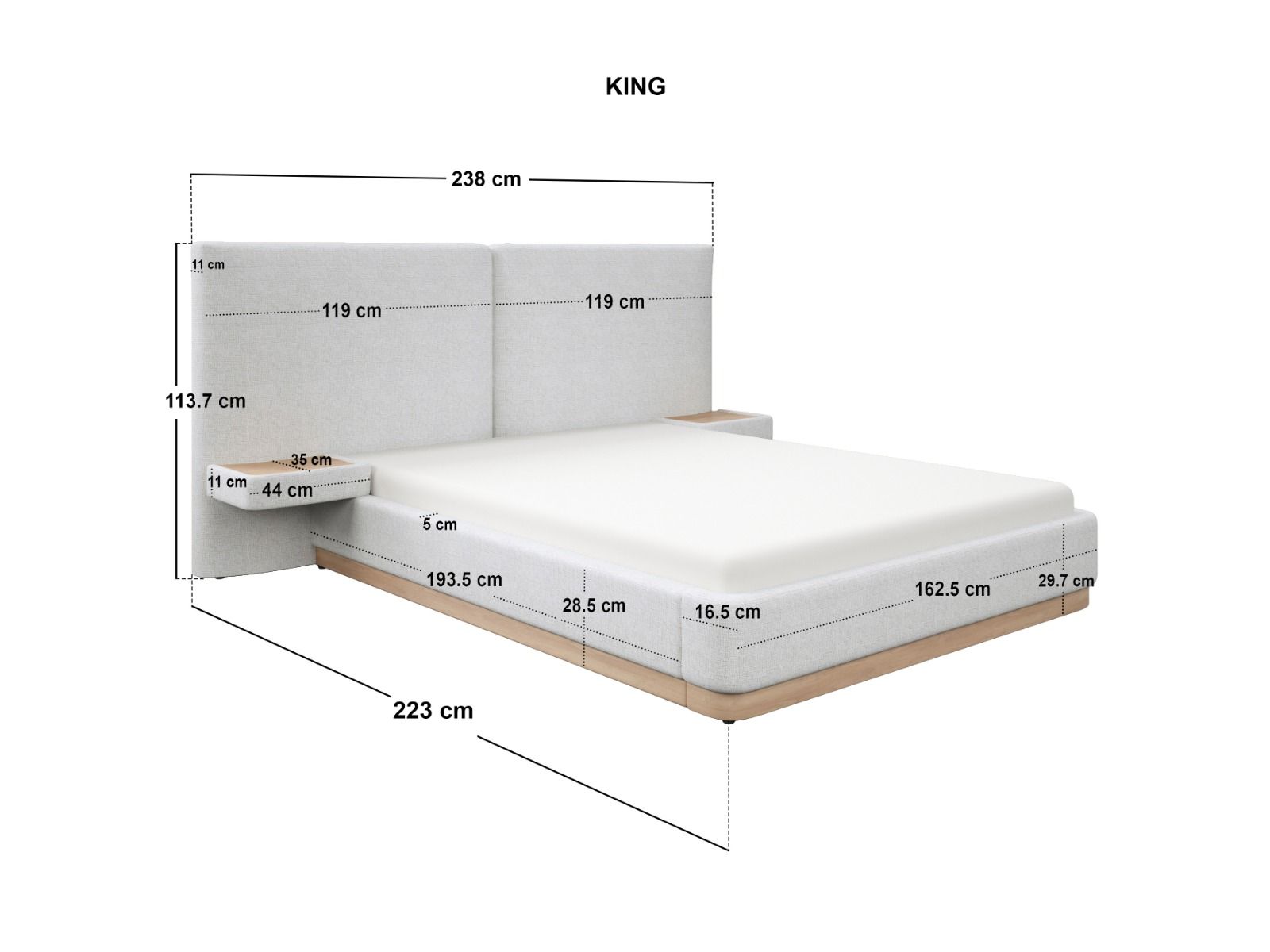 SOLACE+CO Vera Hotel Bed Frame with Integrated Bedside Tables Cream Chenille