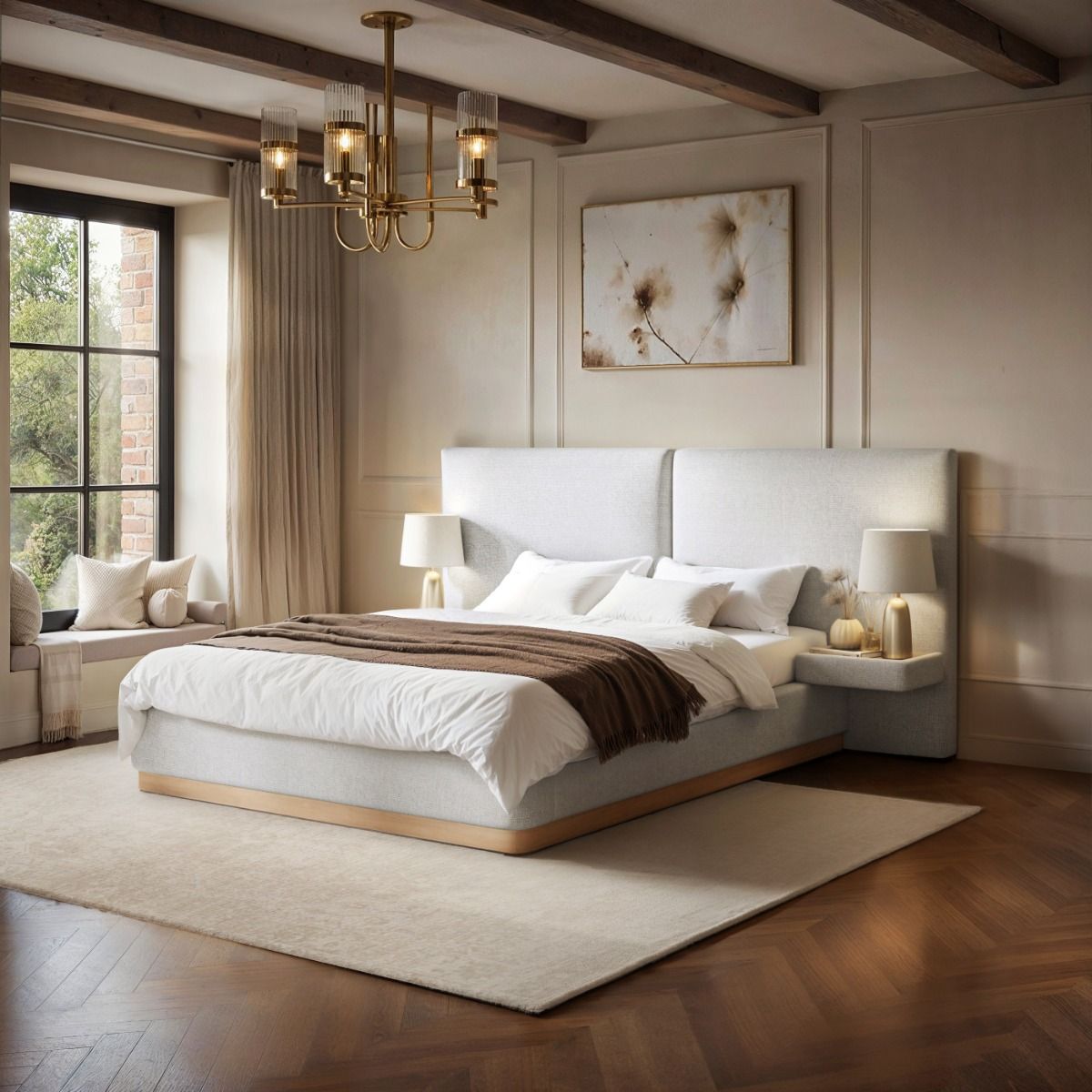 SOLACE+CO Vera Hotel Bed Frame with Integrated Bedside Tables Cream Chenille
