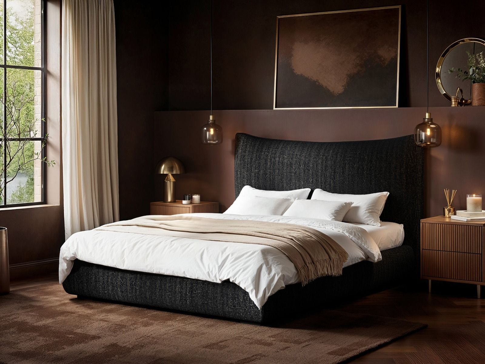 SOLACE+CO Miller Curved Headboard Bed Frame Black Chenille
