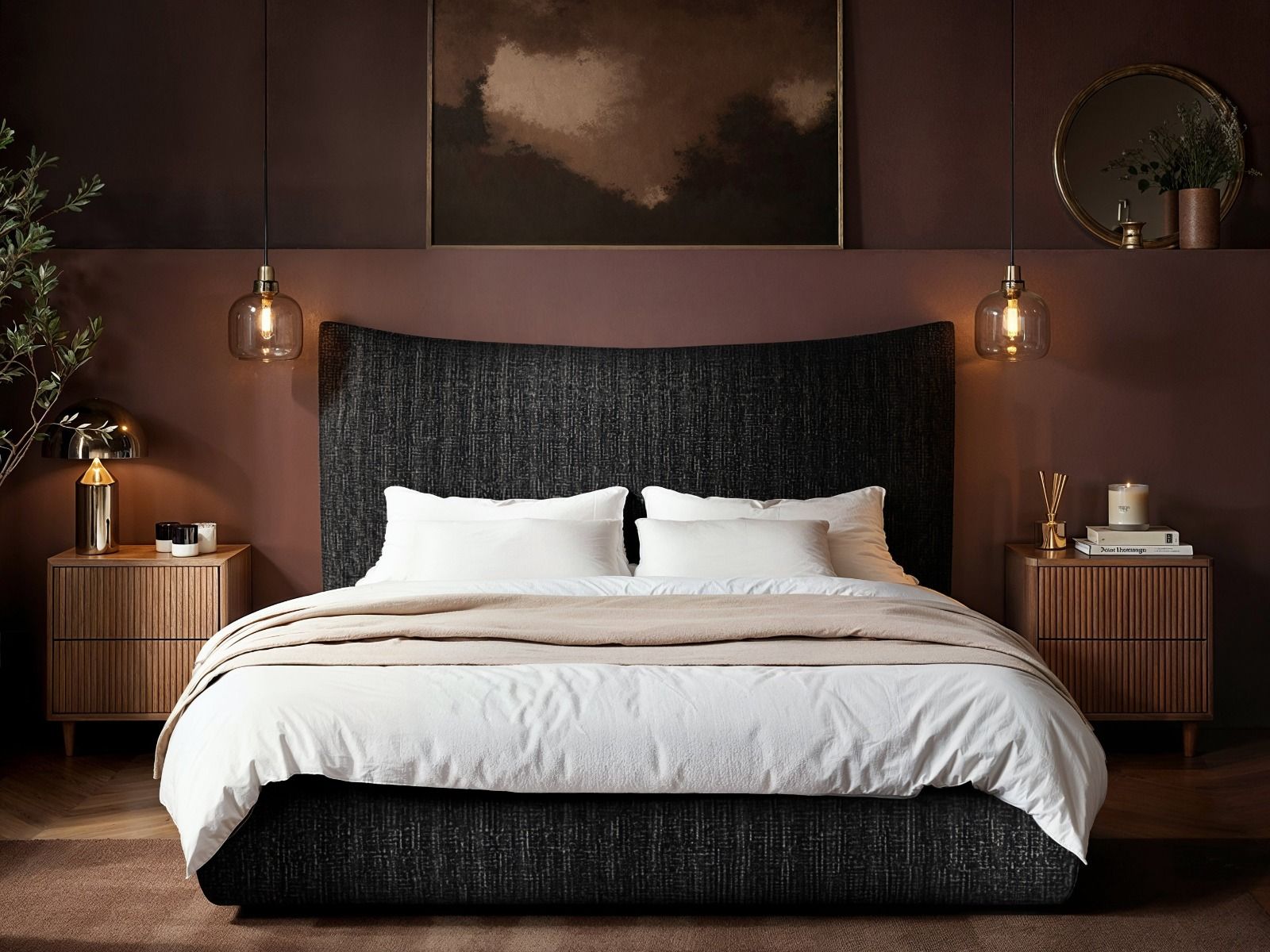 SOLACE+CO Miller Curved Headboard Bed Frame Black Chenille