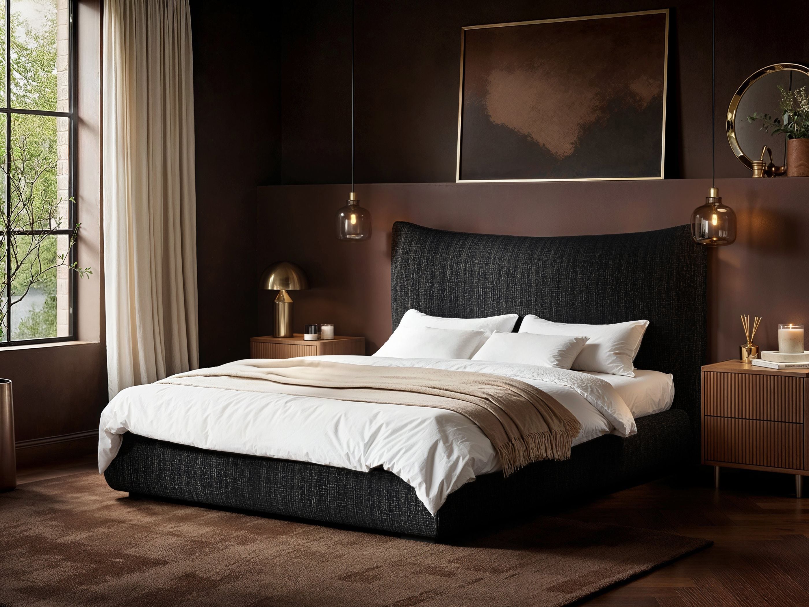 SOLACE+CO Miller Curved Headboard Bed Frame Black Chenille