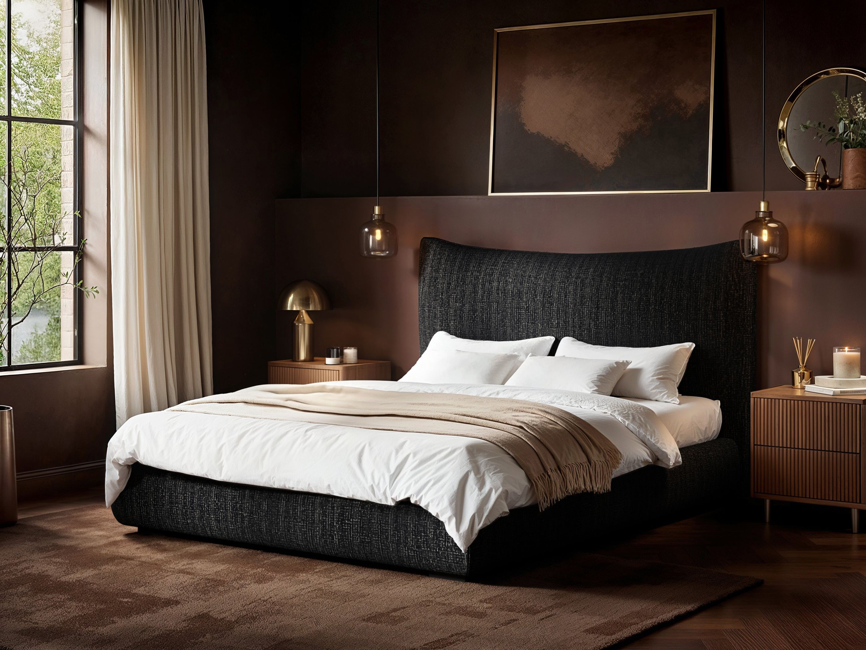SOLACE+CO Miller Curved Headboard Bed Frame Black Chenille