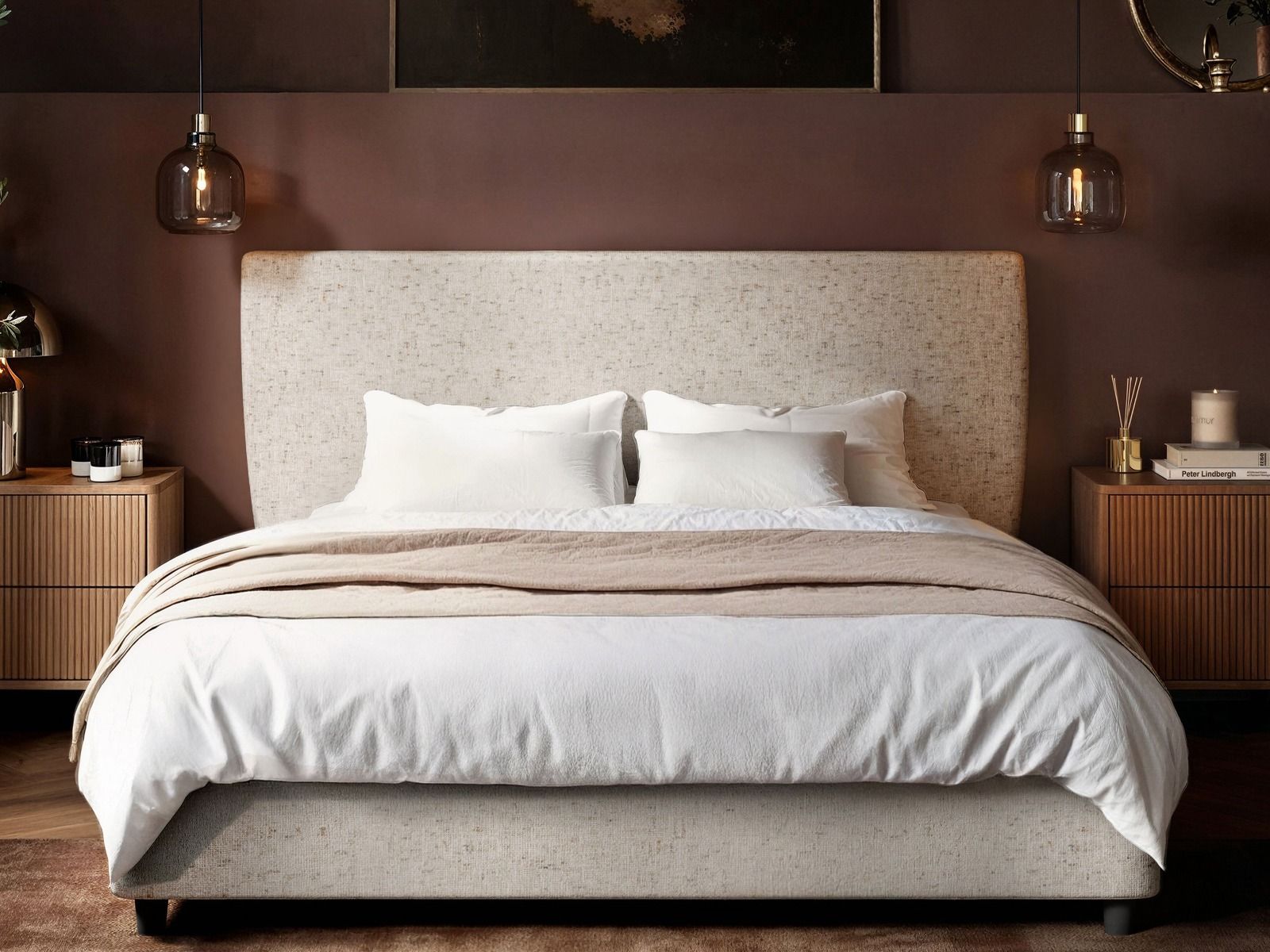 SOLACE+CO Luciana Upholstered Platform Bed Frame Cream Chenille