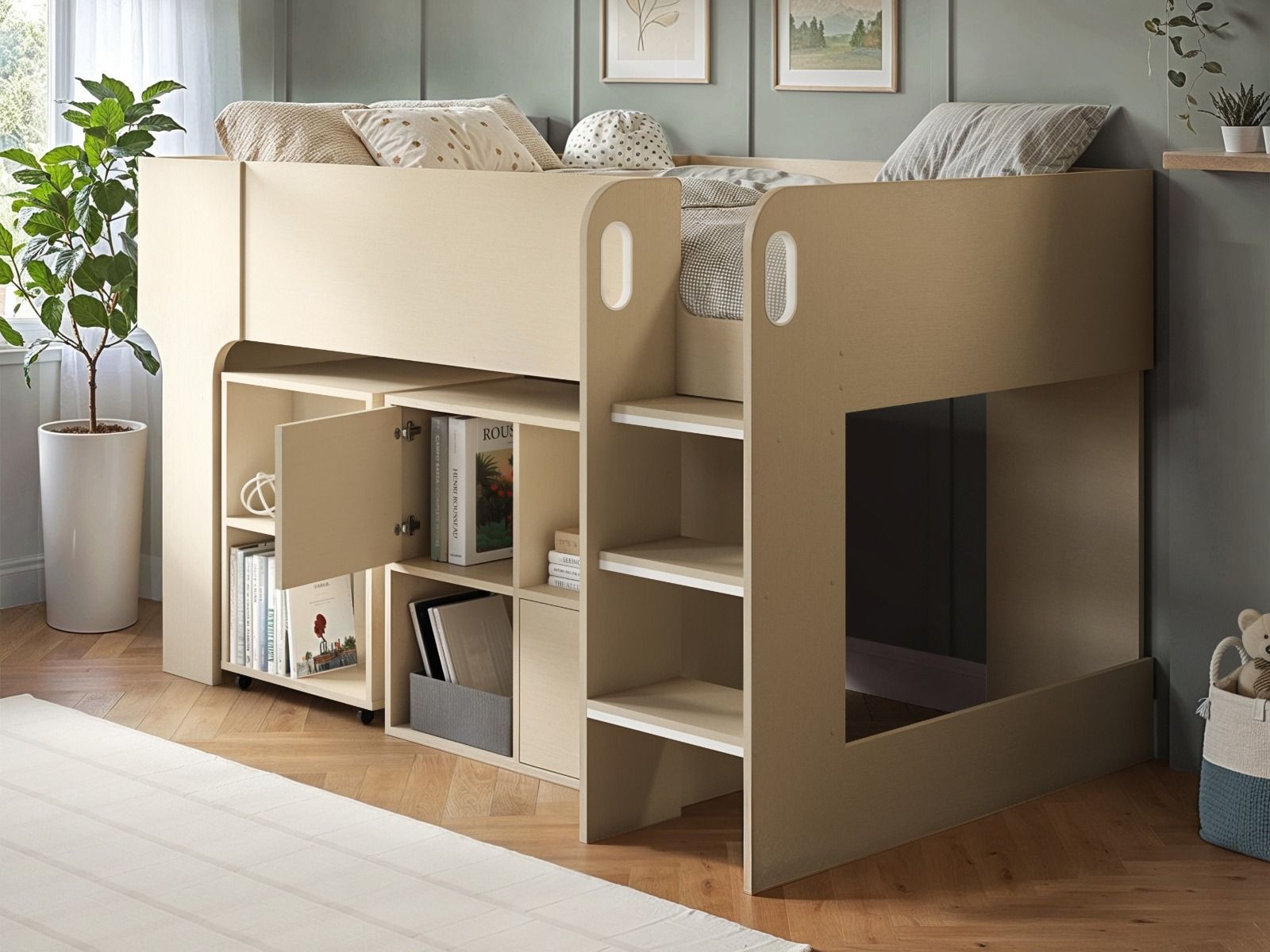 Flair Leo Mid Sleeper with Desk & Storage White Oak