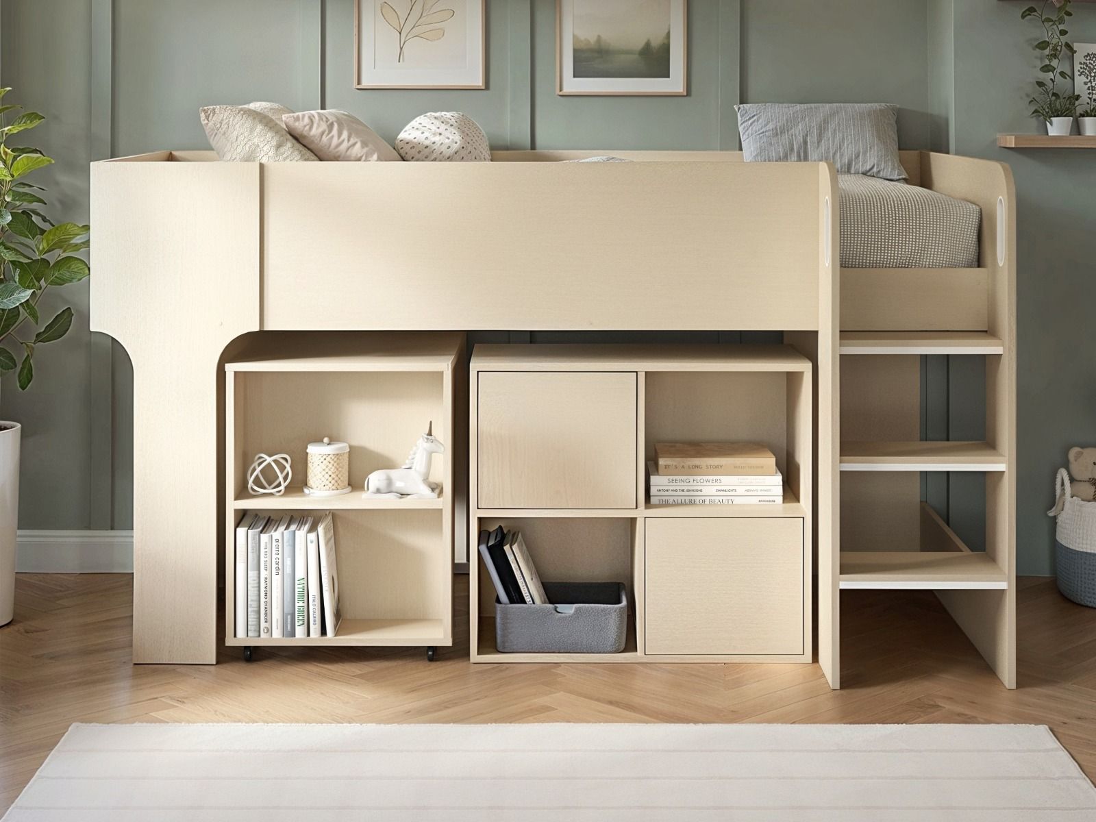Flair Leo Mid Sleeper with Desk & Storage White Oak