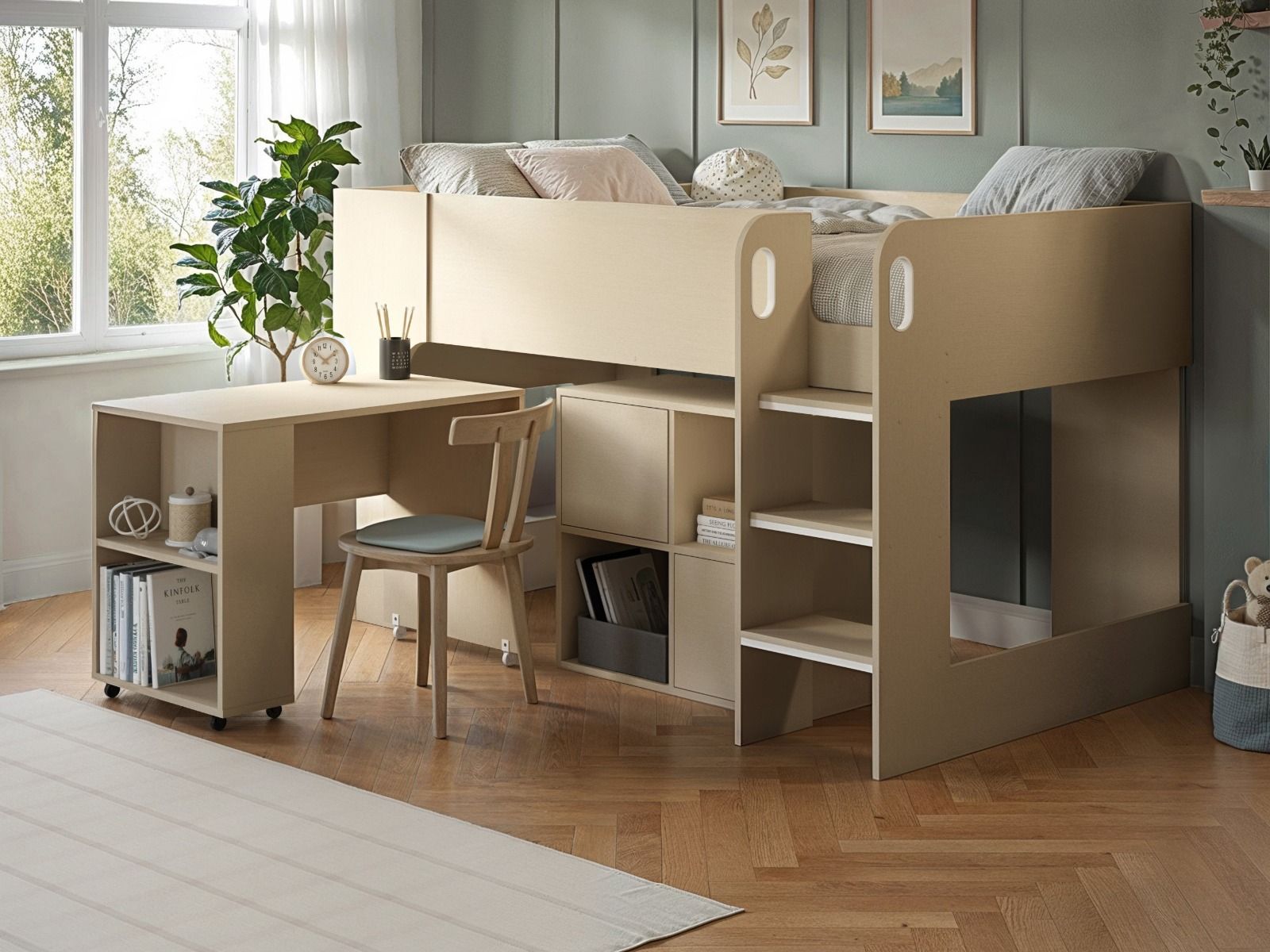 Flair Leo Mid Sleeper with Desk & Storage White Oak