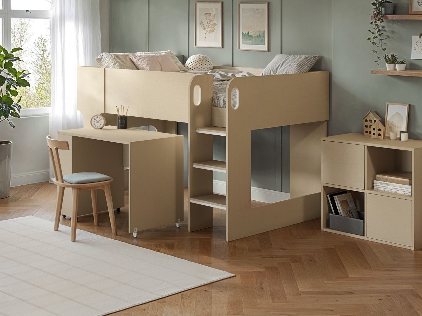 Flair Leo Mid Sleeper with Desk & Storage White Oak