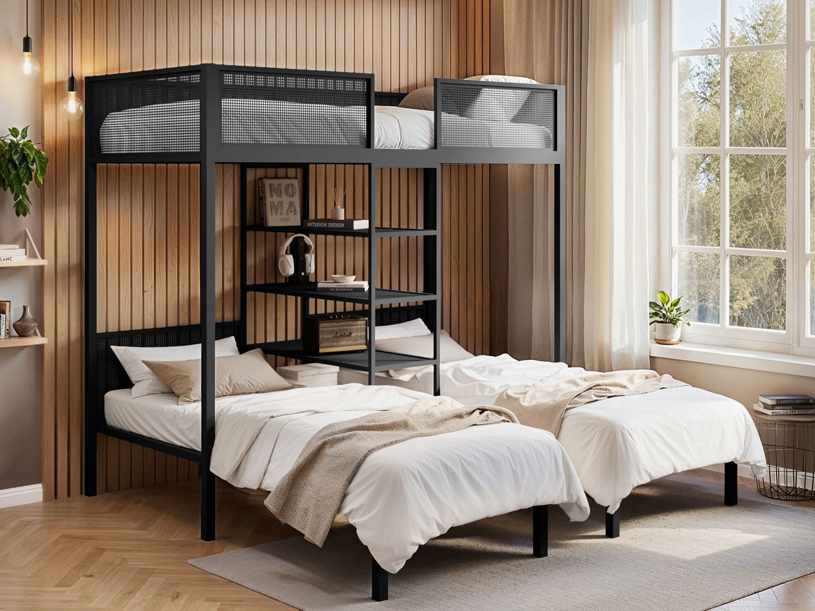 Flair Axton Triple Bunk Bed with Shelves Black Metal