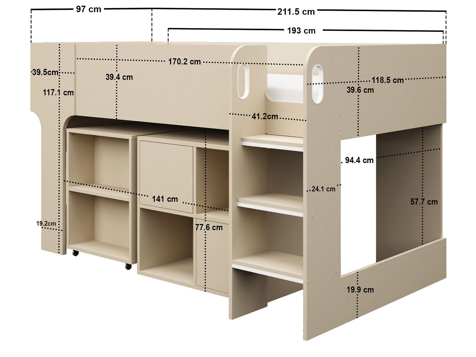Flair Leo Mid Sleeper with Desk & Storage White Oak