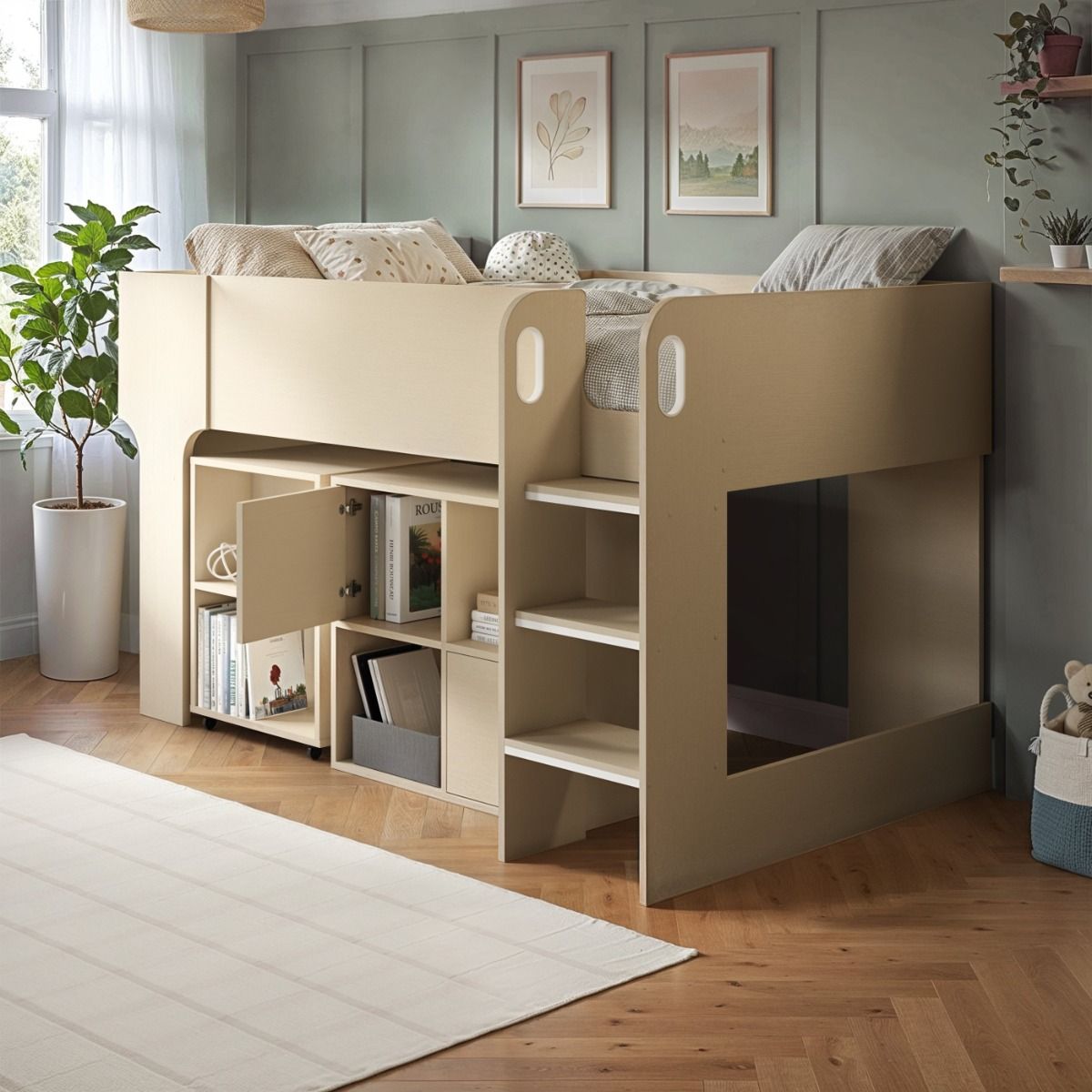 Flair Leo Mid Sleeper with Desk & Storage White Oak