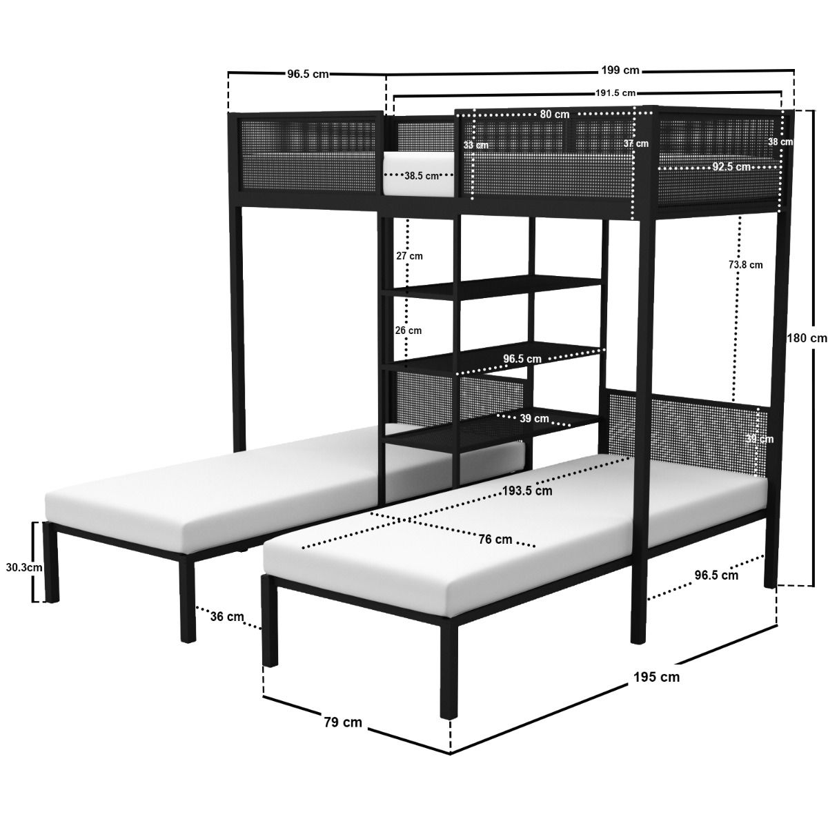 Flair Axton Triple Bunk Bed with Shelves Black Metal