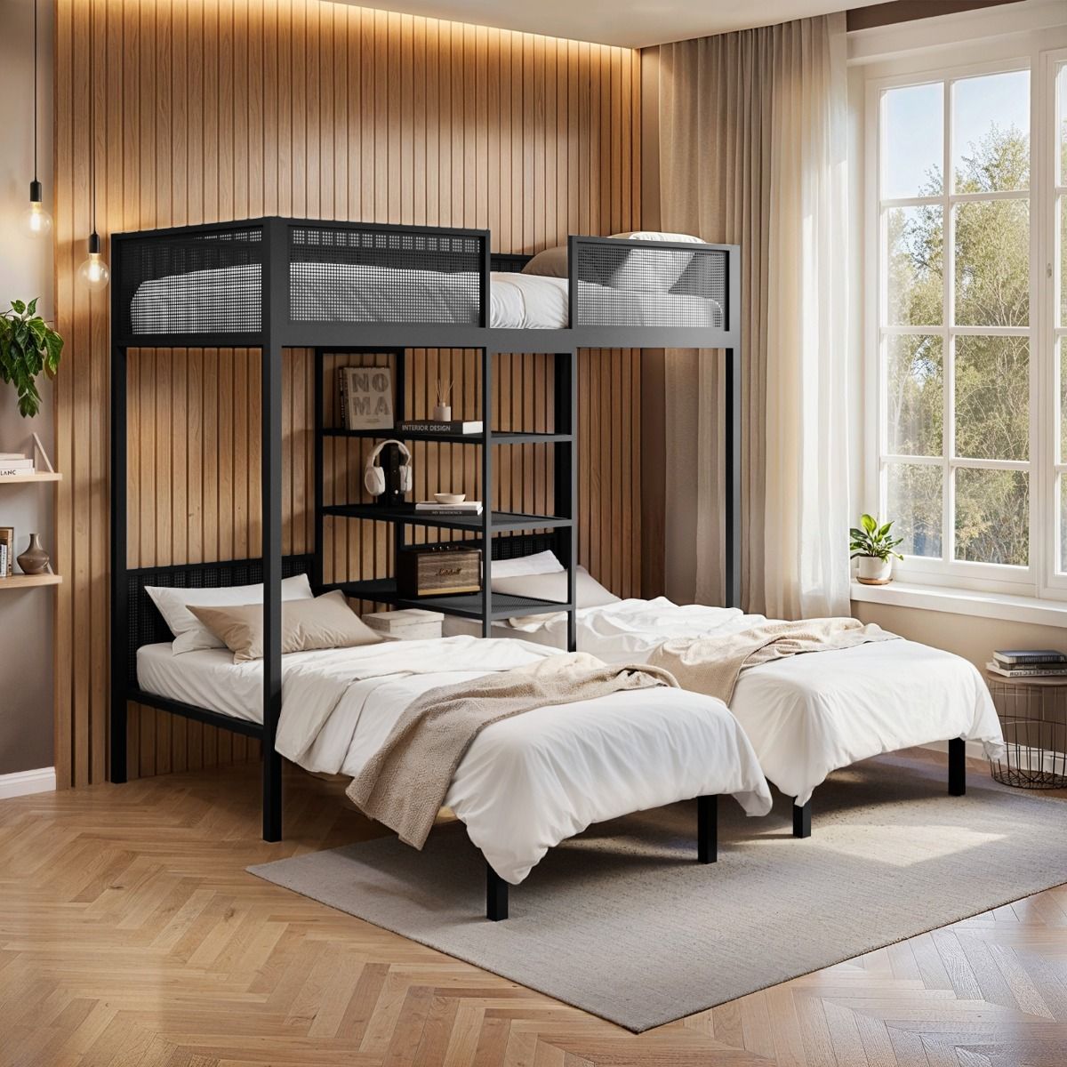 Flair Axton Triple Bunk Bed with Shelves Black Metal