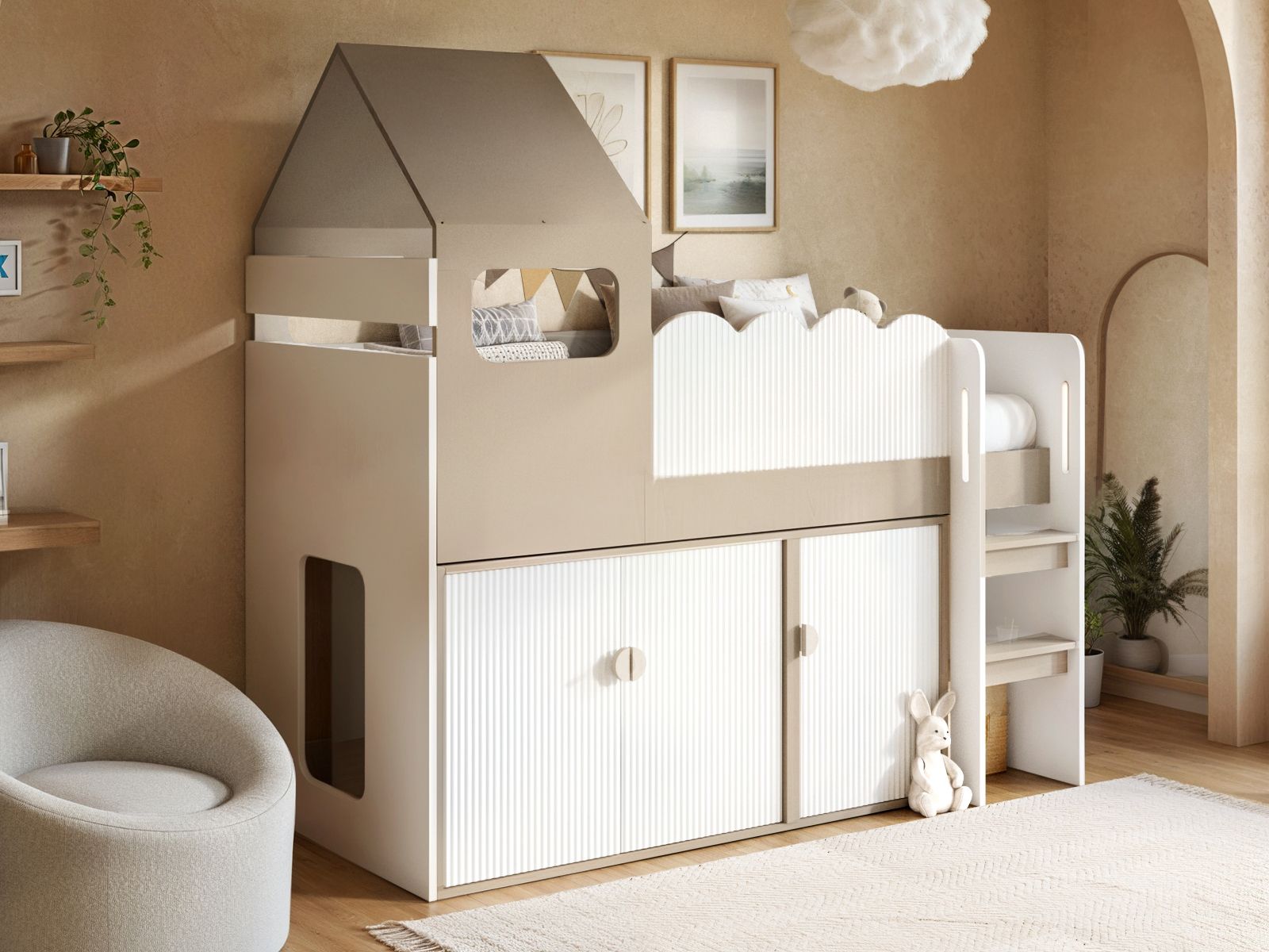Flair Calista Ribbed House Mid Sleeper Bed with Storage White & Taupe