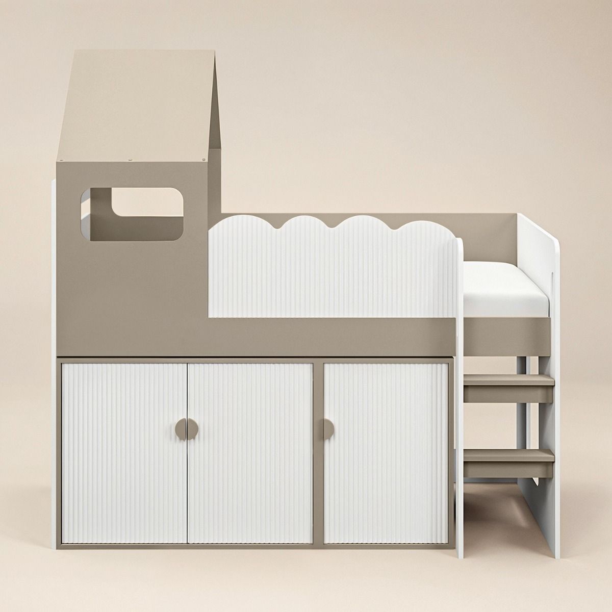 Flair Calista Ribbed House Mid Sleeper Bed with Storage White & Taupe