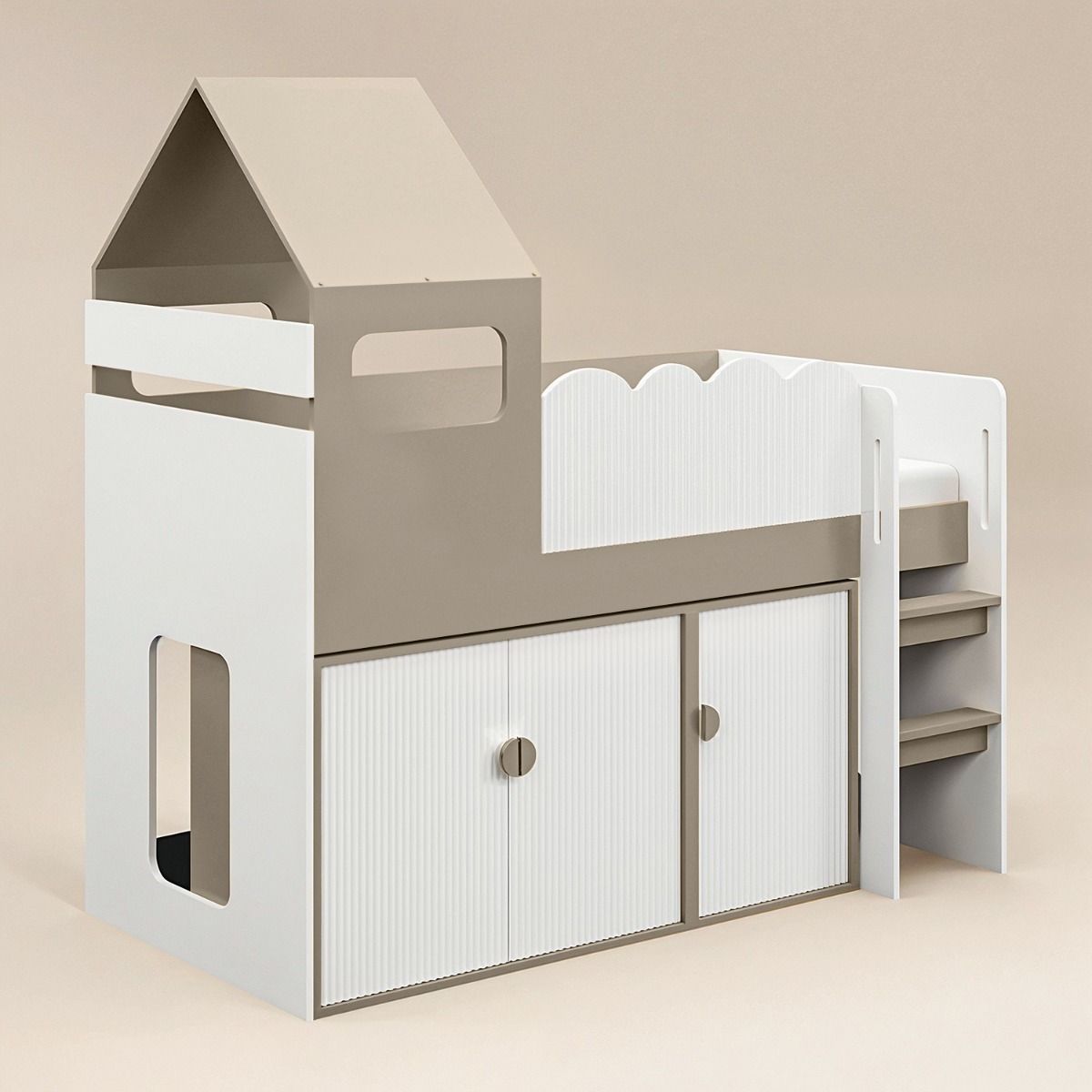 Flair Calista Ribbed House Mid Sleeper Bed with Storage White & Taupe