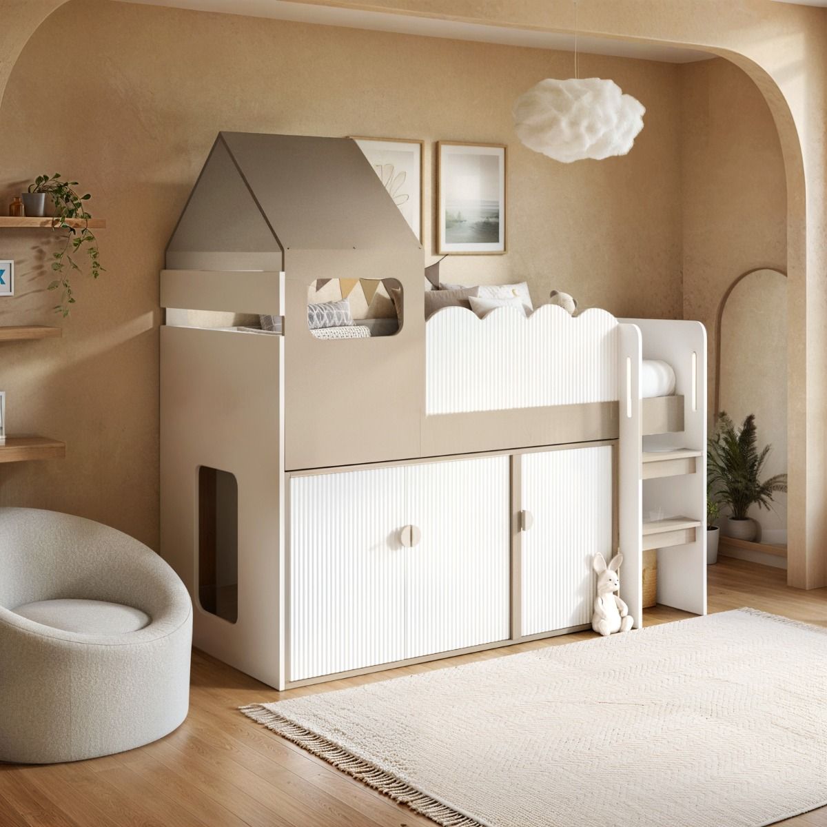 Flair Calista Ribbed House Mid Sleeper Bed with Storage White & Taupe