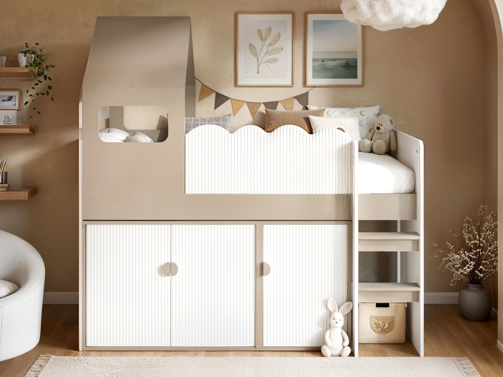 Flair Calista Ribbed House Mid Sleeper Bed with Storage White & Taupe