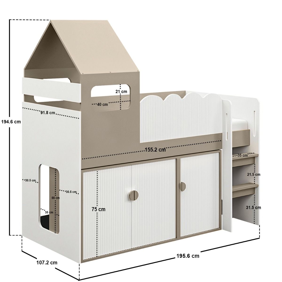 Flair Calista Ribbed House Mid Sleeper Bed with Storage White & Taupe