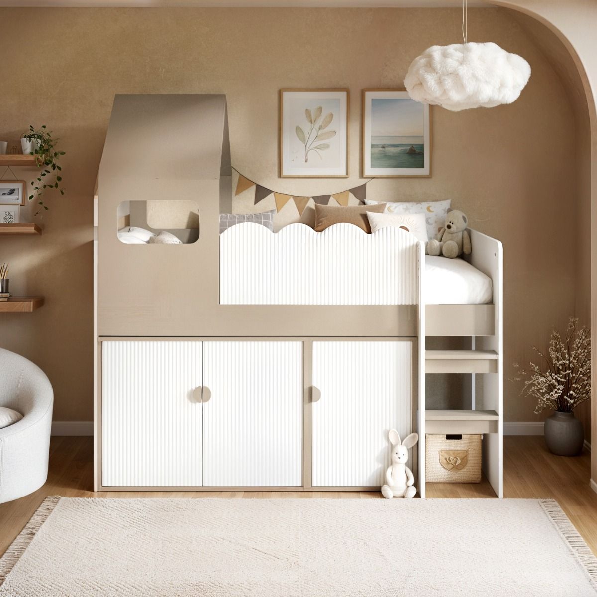 Flair Calista Ribbed House Mid Sleeper Bed with Storage White & Taupe