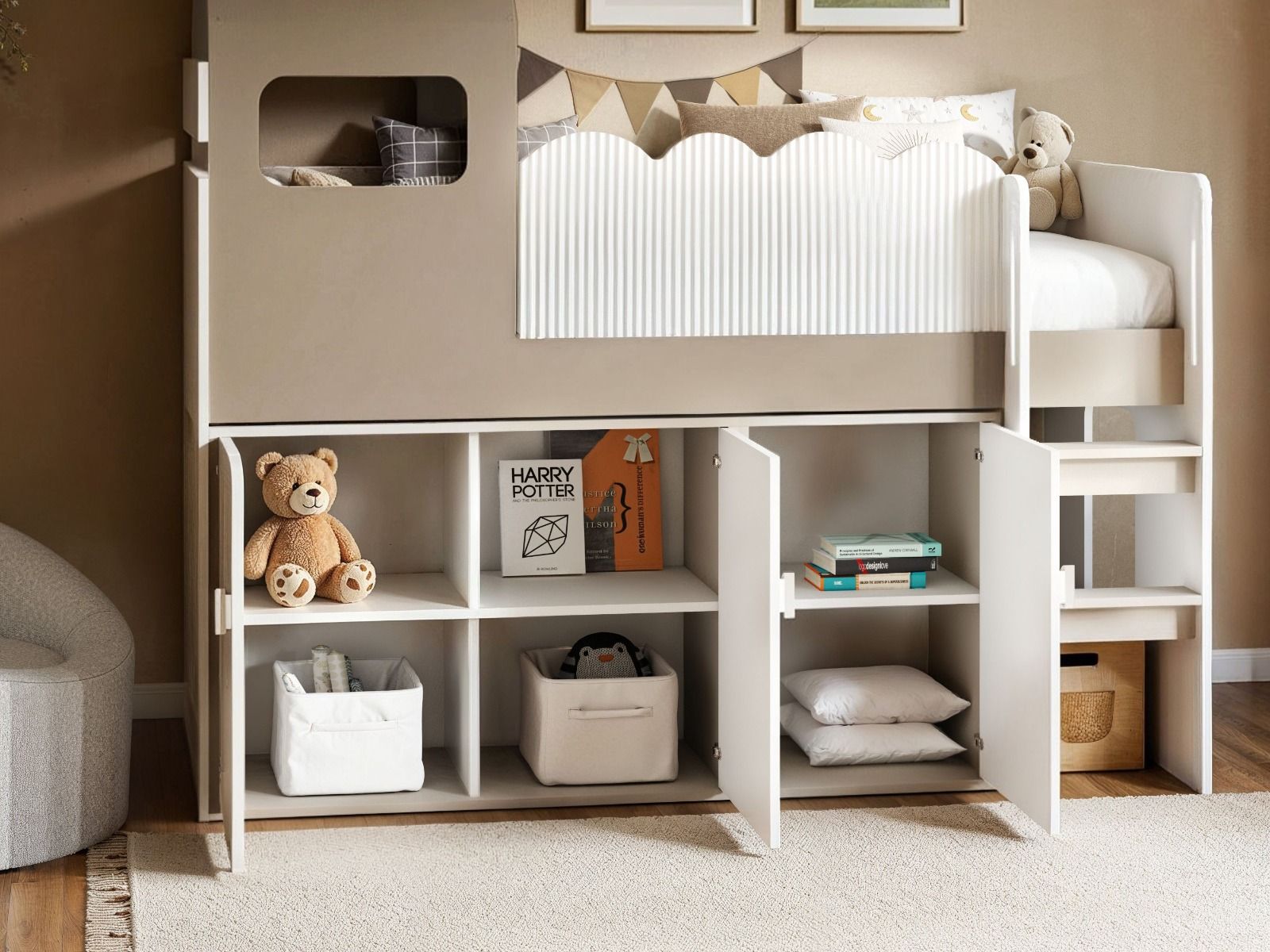 Flair Calista Ribbed House Mid Sleeper Bed with Storage White & Taupe