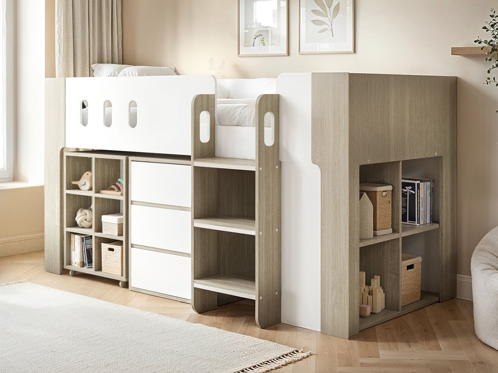 Flair Willow Mid Sleeper with Desk & Storage White & Oak