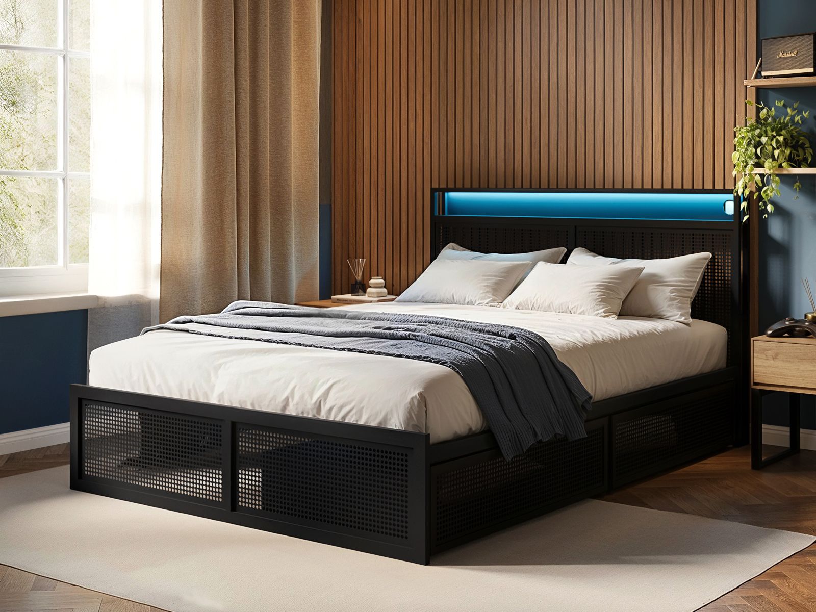 Flair Callan Metal Bed Frame with Storage & LED Black 