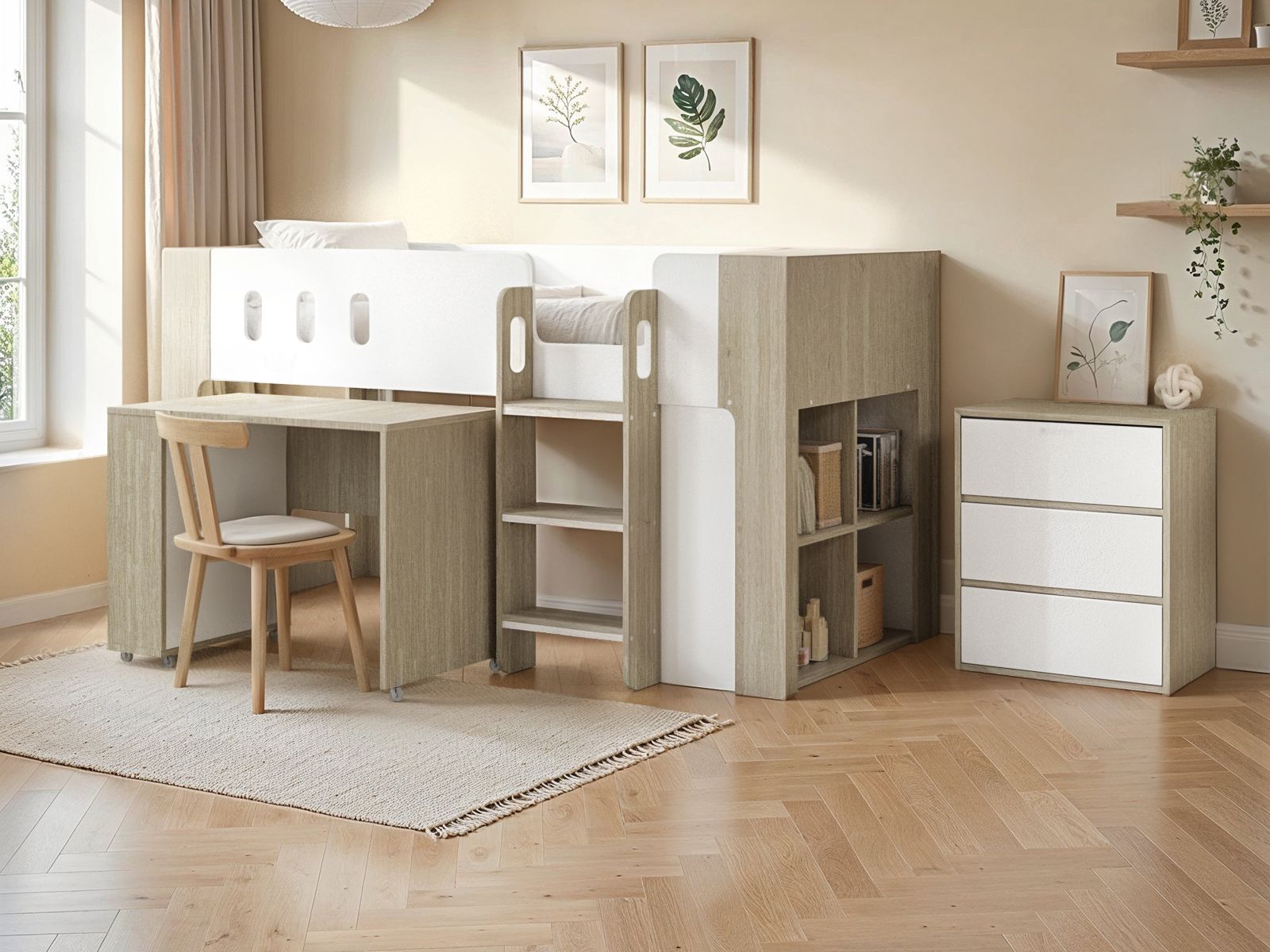 Flair Willow Mid Sleeper with Desk & Storage White & Oak