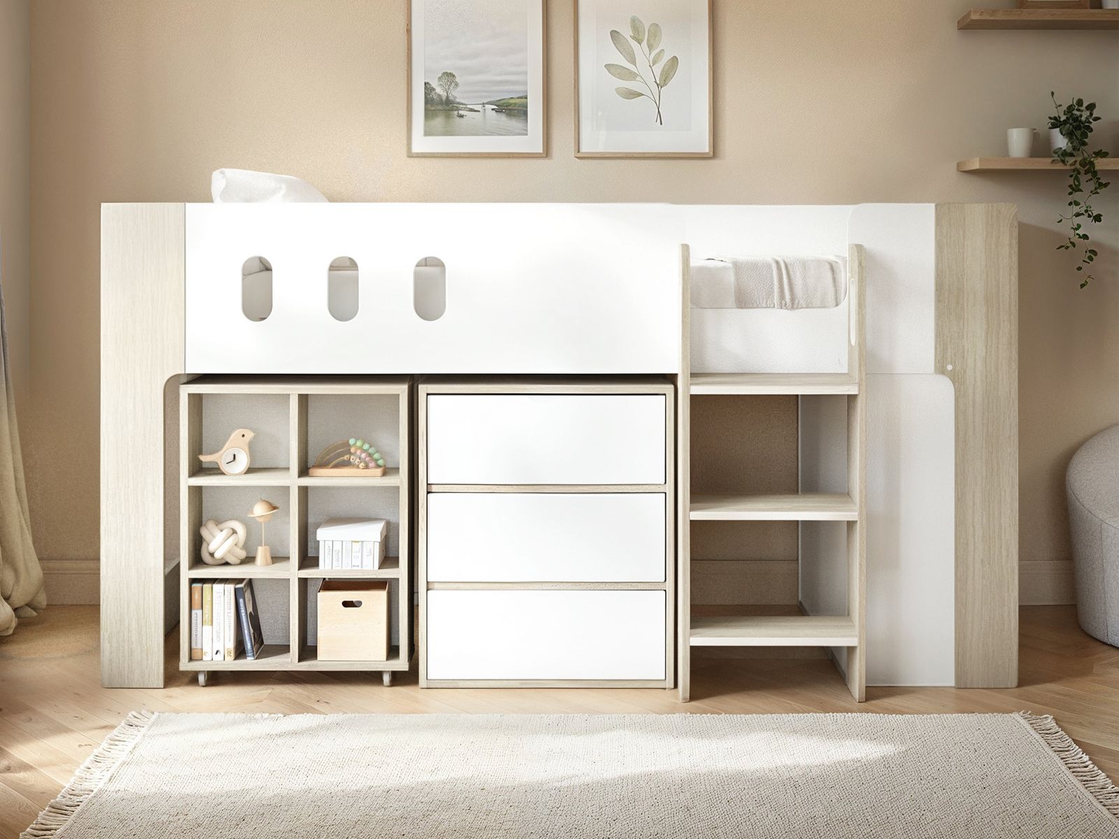 Flair Willow Mid Sleeper with Desk & Storage White & Oak