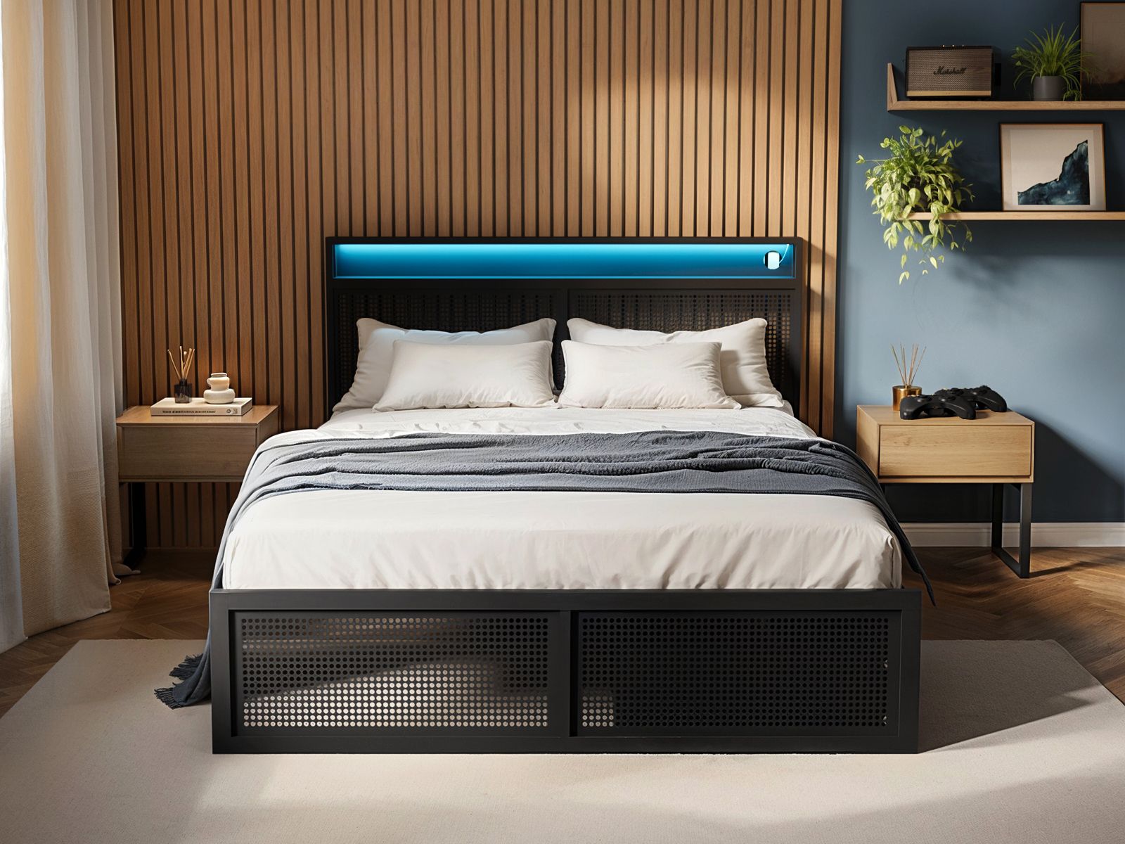 Flair Callan Metal Bed Frame with Storage & LED Black 