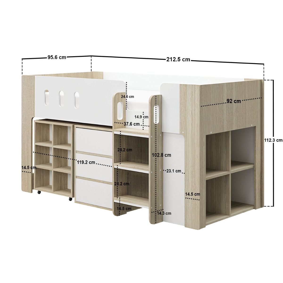 Flair Willow Mid Sleeper with Desk & Storage White & Oak