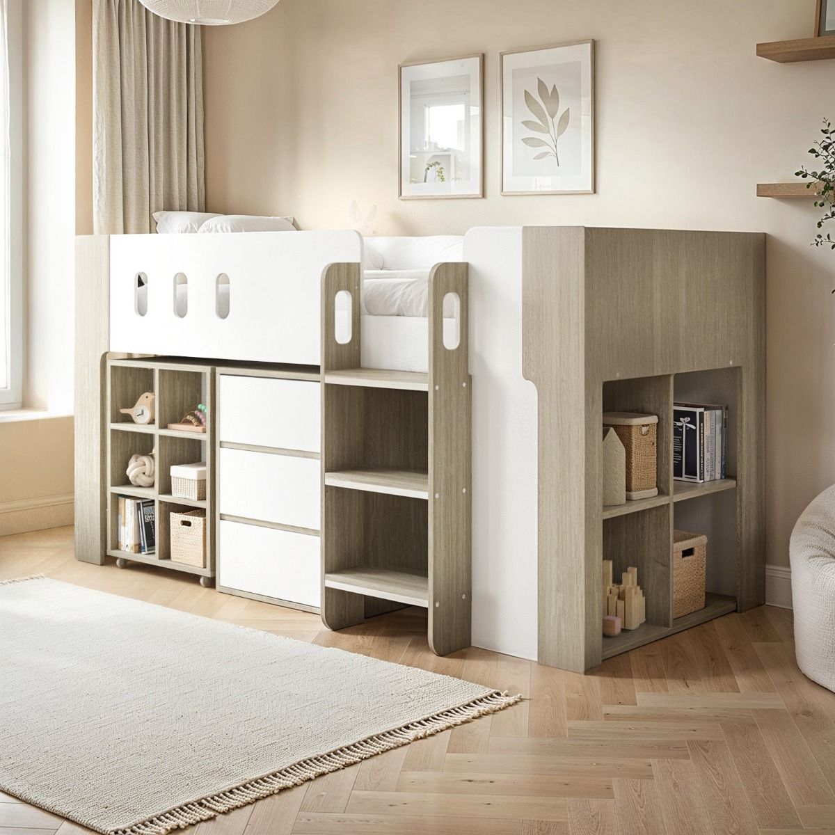 Flair Willow Mid Sleeper with Desk & Storage White & Oak