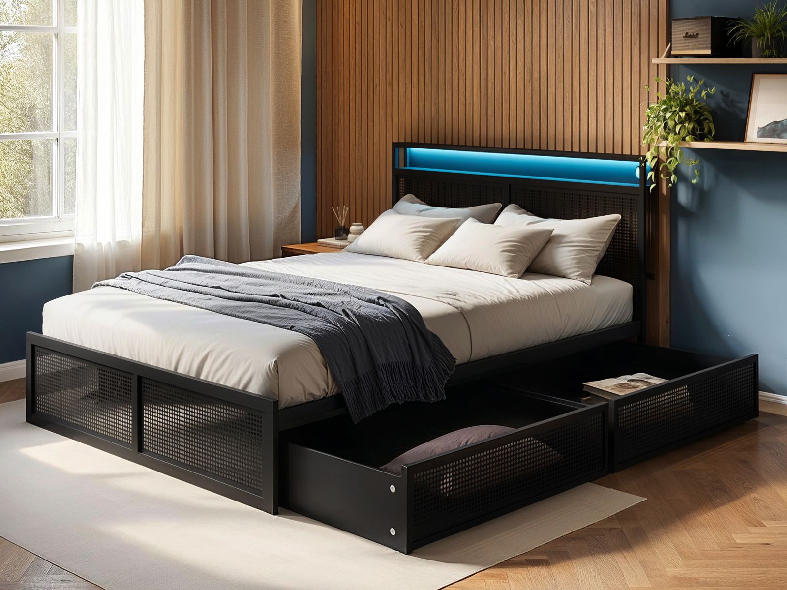 Flair Callan Metal Bed Frame with Storage & LED Black 