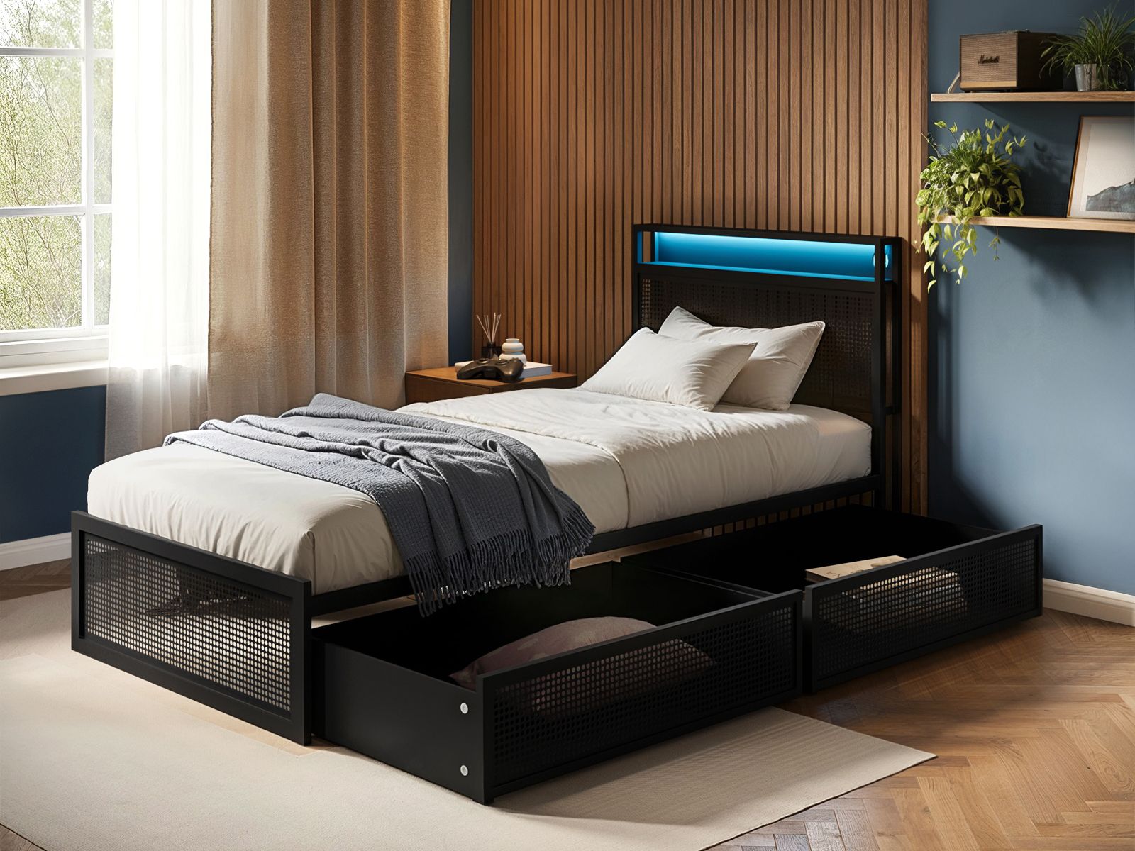 Flair Callan Metal Bed Frame with Storage & LED Black 