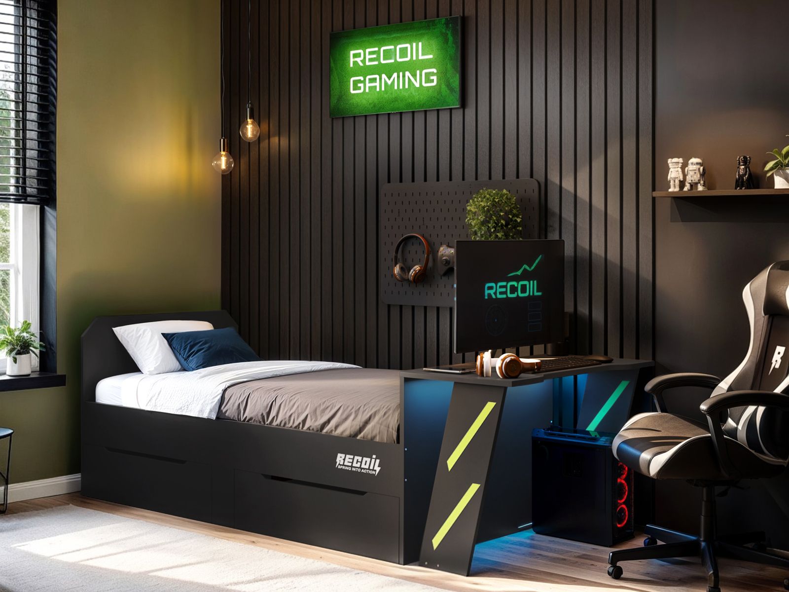 Recoil Alister Gaming Single Bed with Desk Charcoal & Green