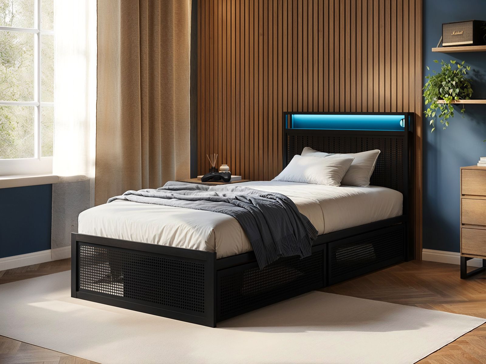 Flair Callan Metal Bed Frame with Storage & LED Black 