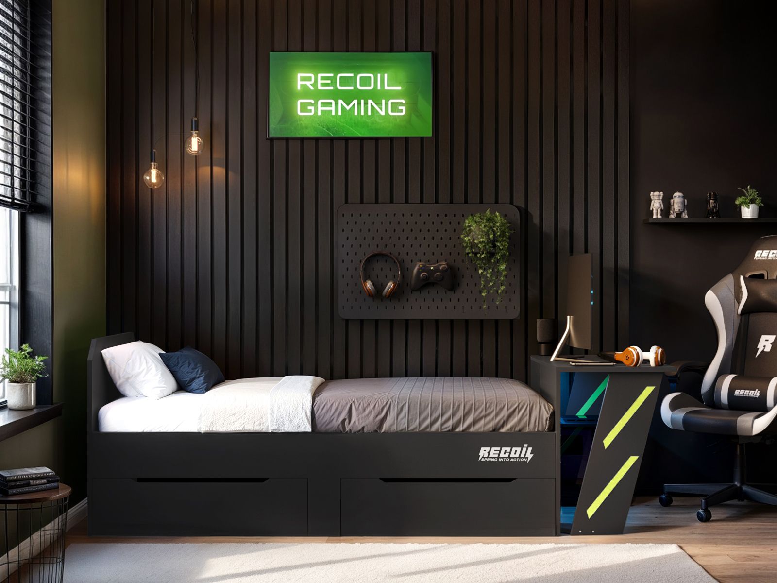 Recoil Alister Gaming Single Bed with Desk Charcoal & Green