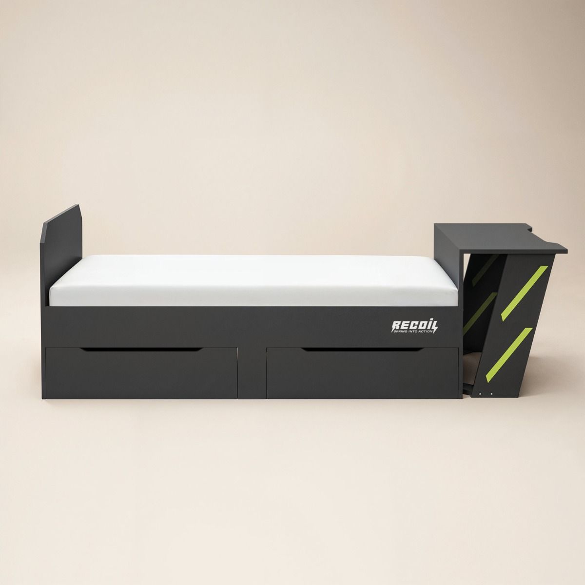 Recoil Alister Gaming Single Bed with Desk Charcoal & Green