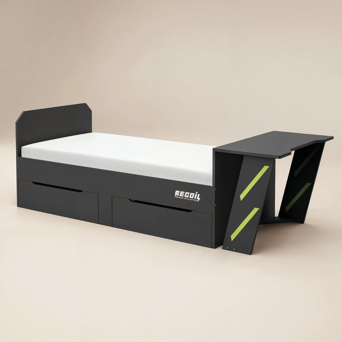 Recoil Alister Gaming Single Bed with Desk Charcoal & Green