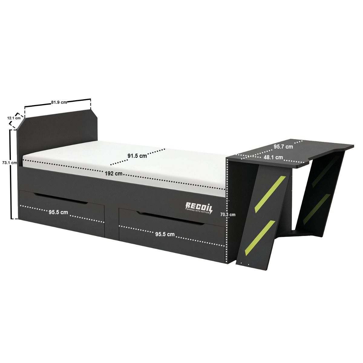 Recoil Alister Gaming Single Bed with Desk Charcoal & Green