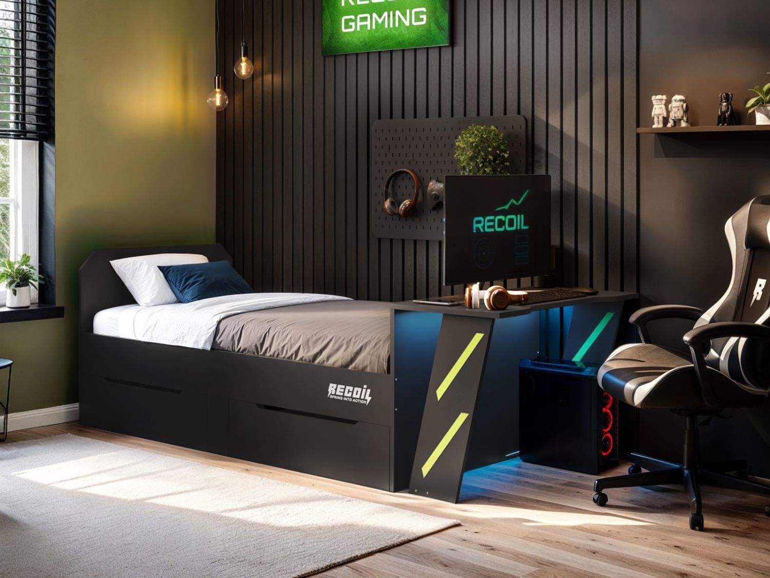 Recoil Alister Gaming Single Bed with Desk Charcoal & Green