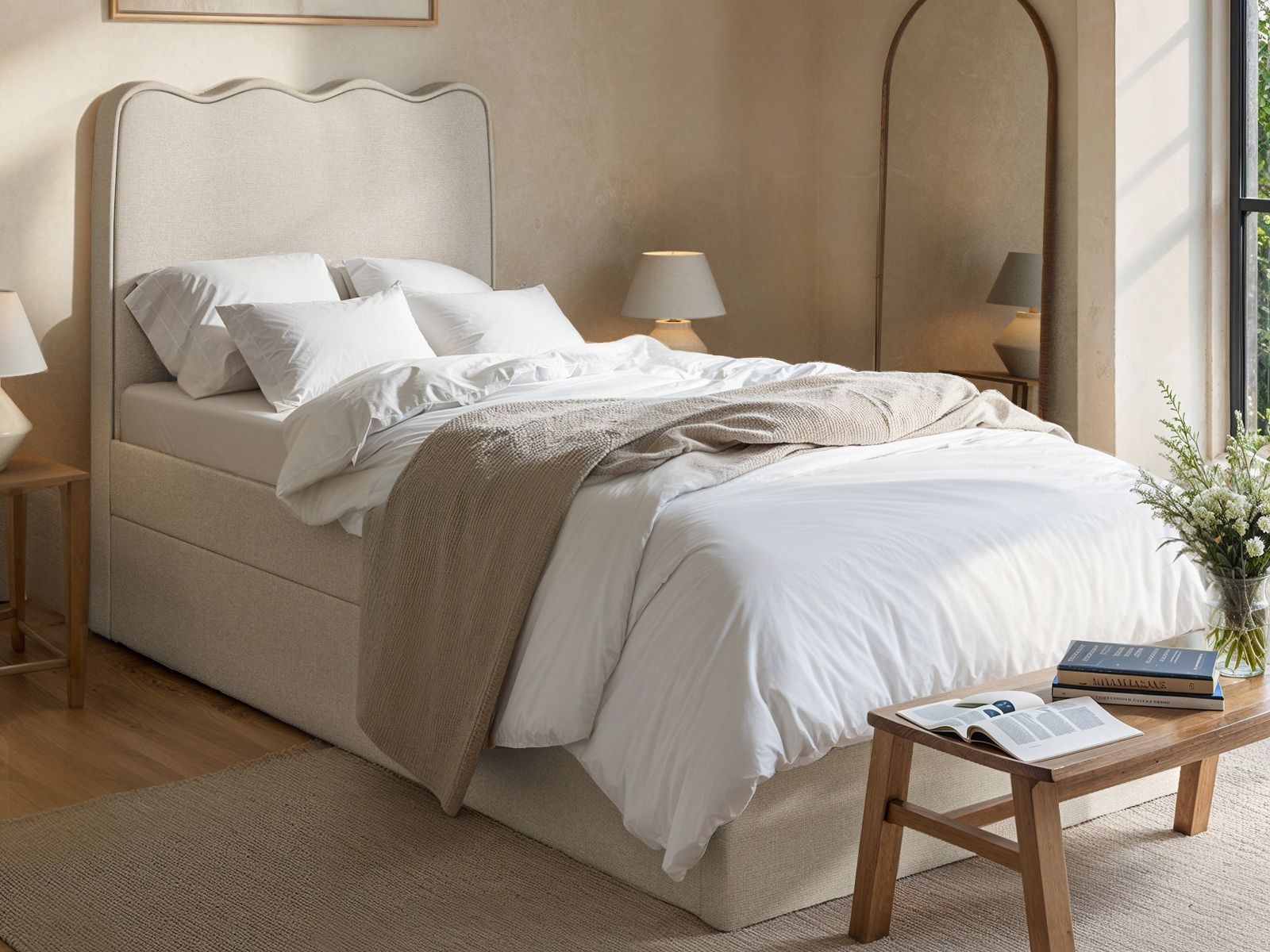 Flair Ellis Single Bed with Trundle Beige Woven Fabric