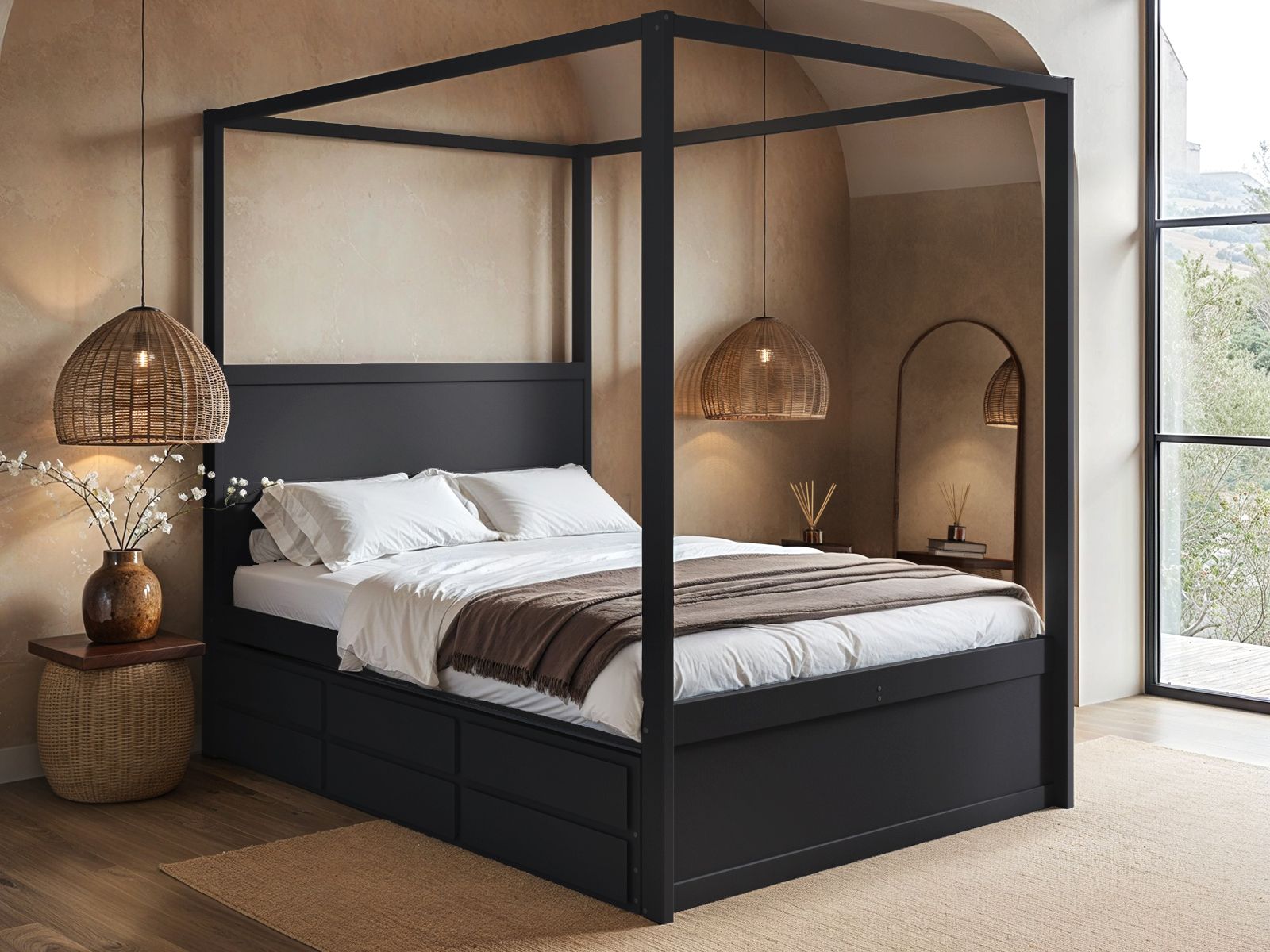 Flair Maddy 4 Poster Canopy Double Bed Frame with Trundle and Storage Black