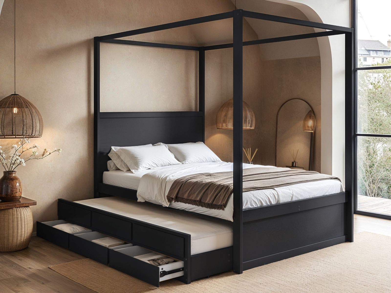 Flair Maddy 4 Poster Canopy Double Bed Frame with Trundle and Storage Black