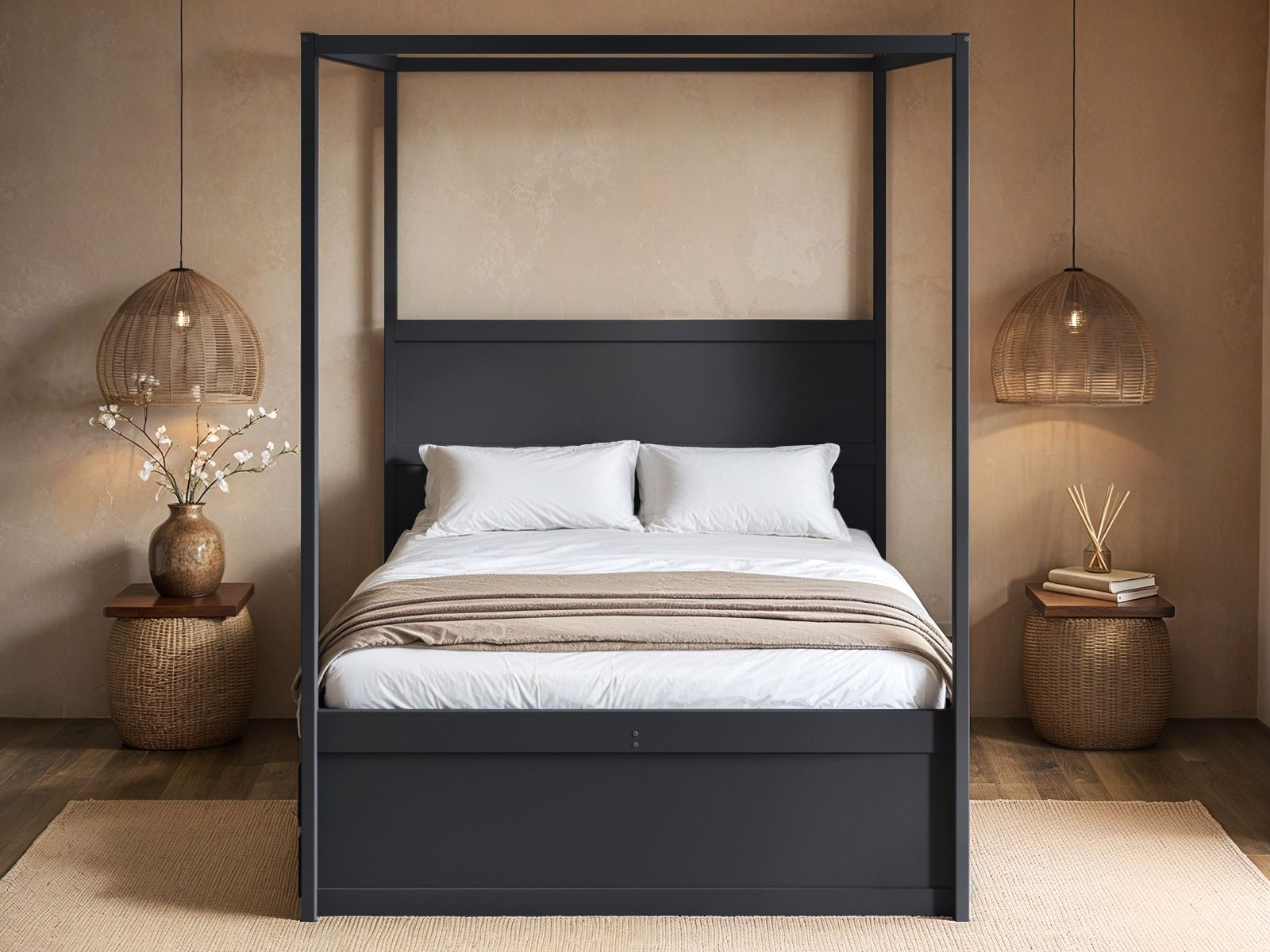 Flair Maddy 4 Poster Canopy Double Bed Frame with Trundle and Storage Black