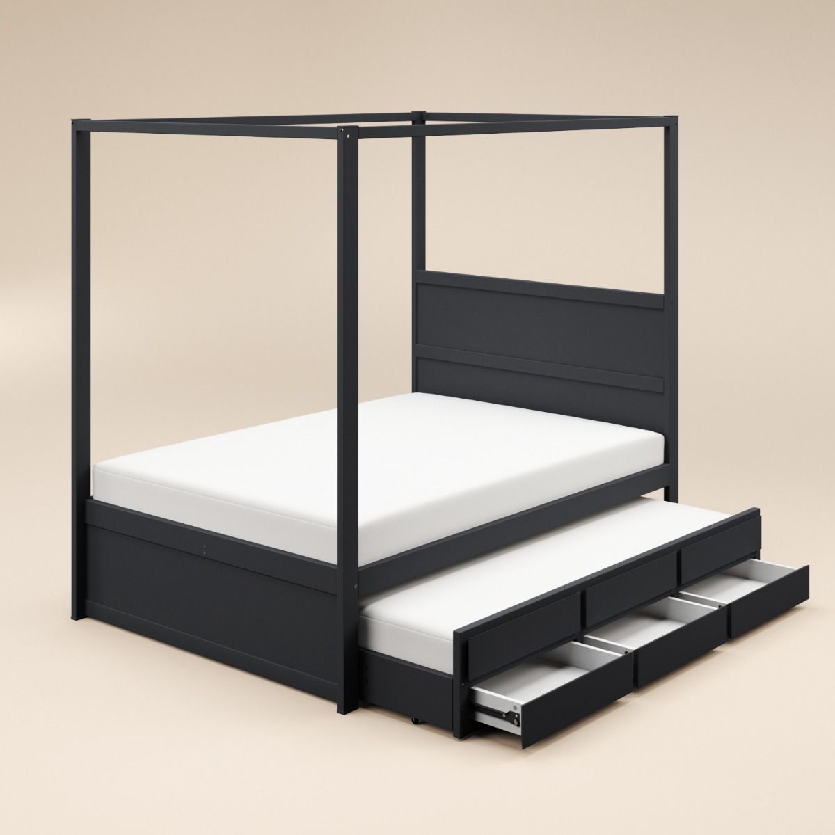 Flair Maddy 4 Poster Canopy Double Bed Frame with Trundle and Storage Black